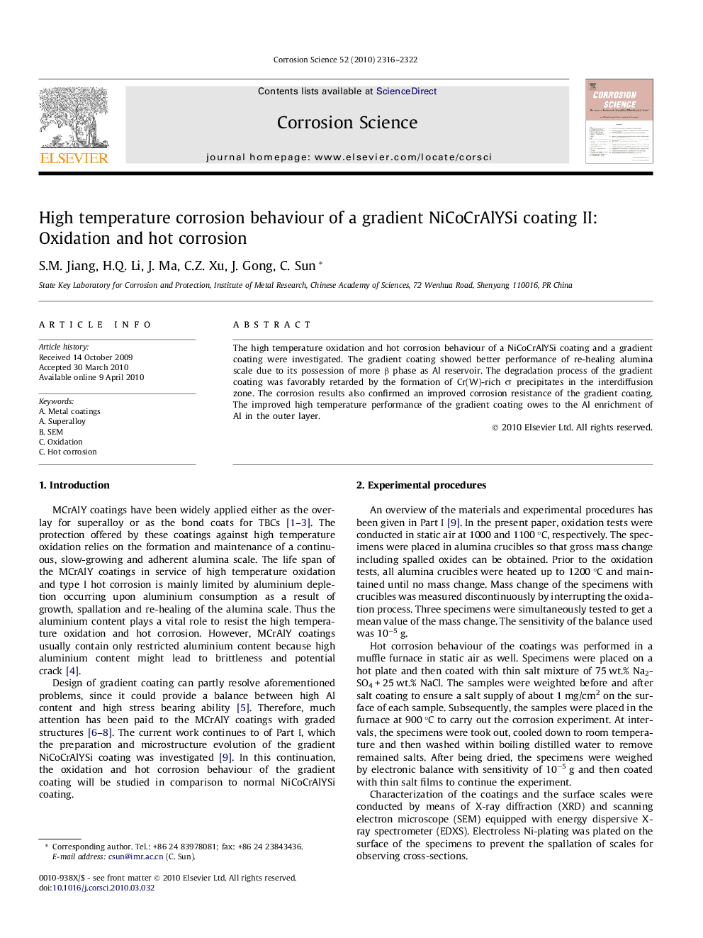 High temperature corrosion behaviour of a gradient NiCoCrAlYSi coating II: Oxidation and hot corrosion