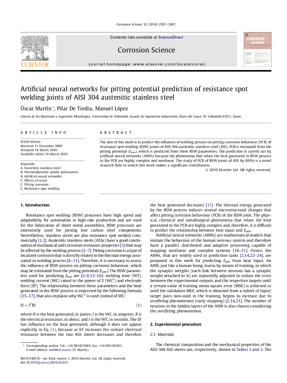 Artificial neural networks for pitting potential prediction of resistance spot welding joints of AISI 304 austenitic stainless steel