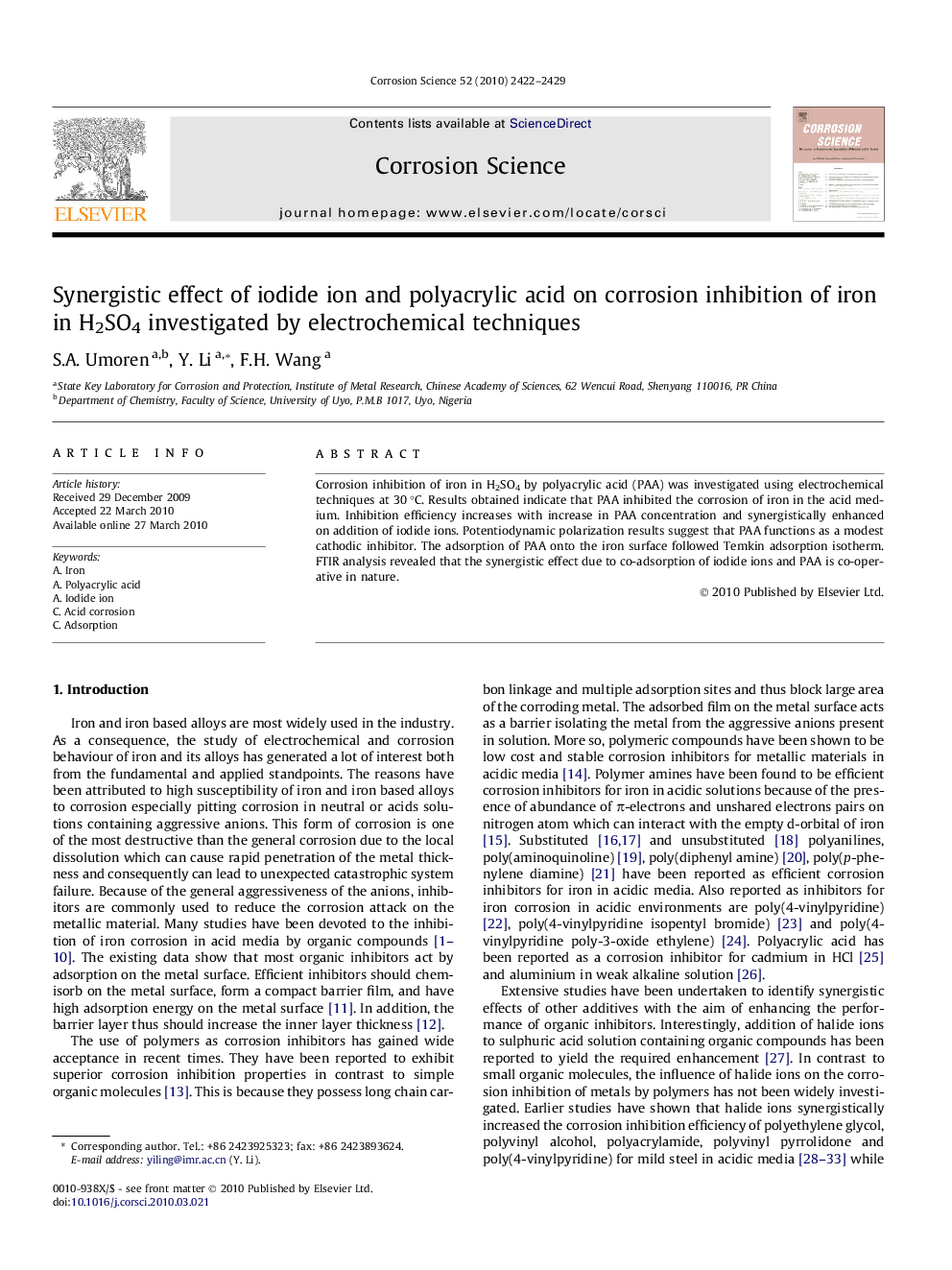 Synergistic effect of iodide ion and polyacrylic acid on corrosion inhibition of iron in H2SO4 investigated by electrochemical techniques