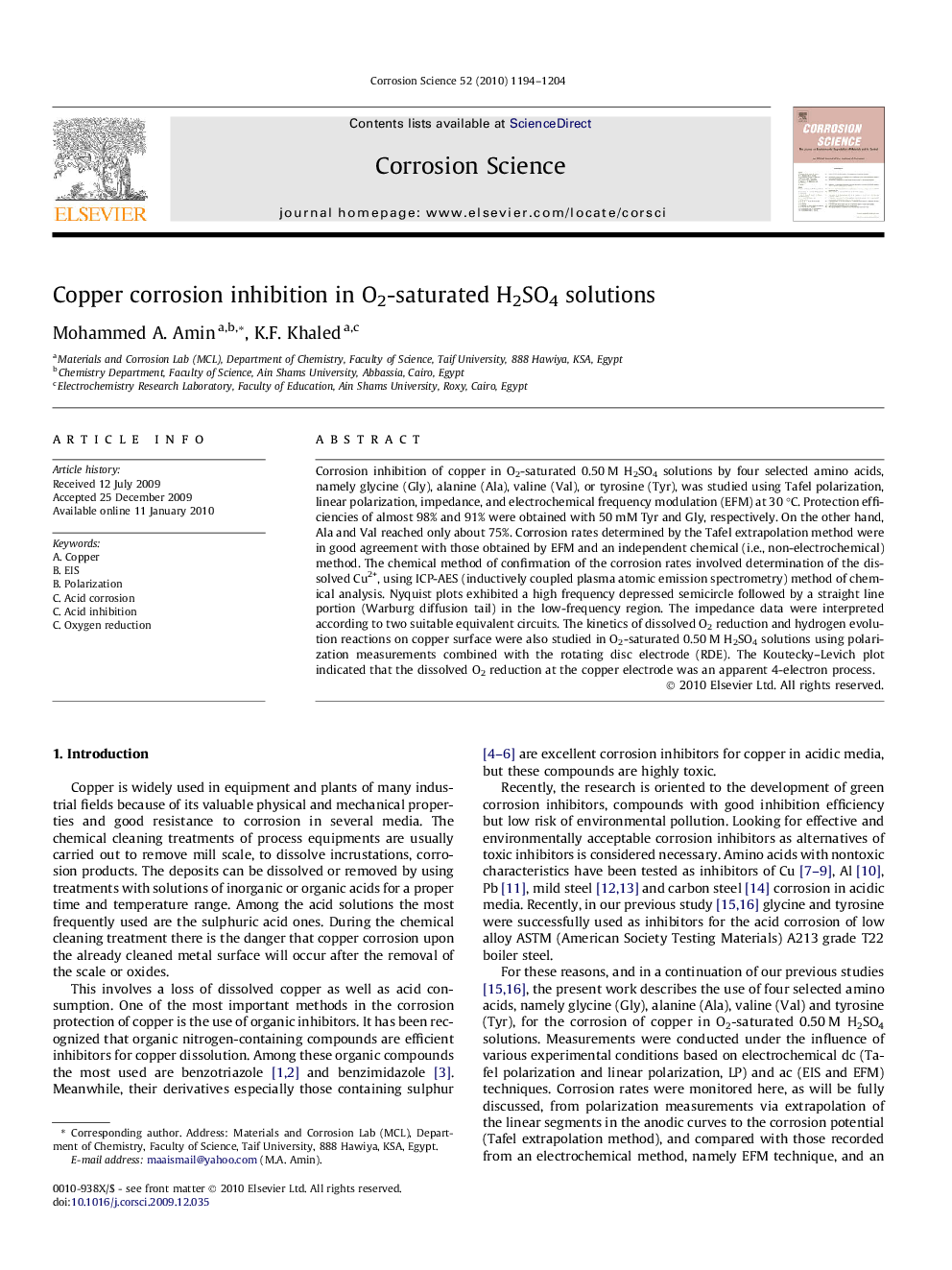 Copper corrosion inhibition in O2-saturated H2SO4 solutions