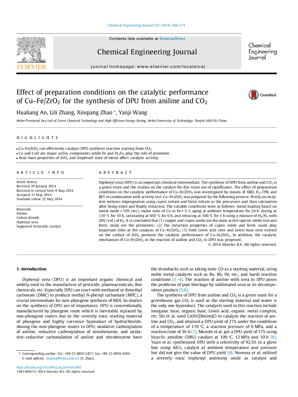 Effect of preparation conditions on the catalytic performance of Cu–Fe/ZrO2 for the synthesis of DPU from aniline and CO2