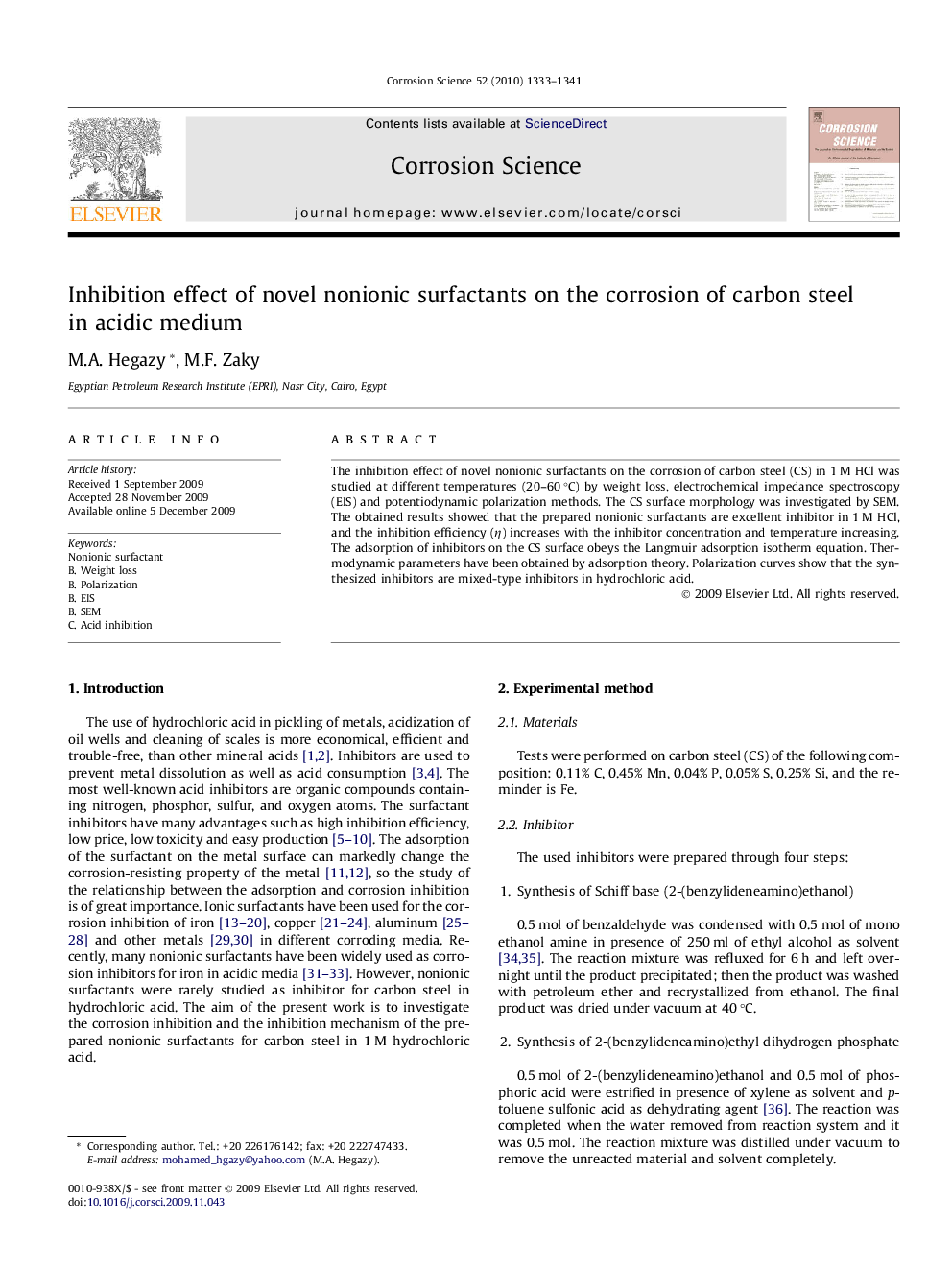 Inhibition effect of novel nonionic surfactants on the corrosion of carbon steel in acidic medium