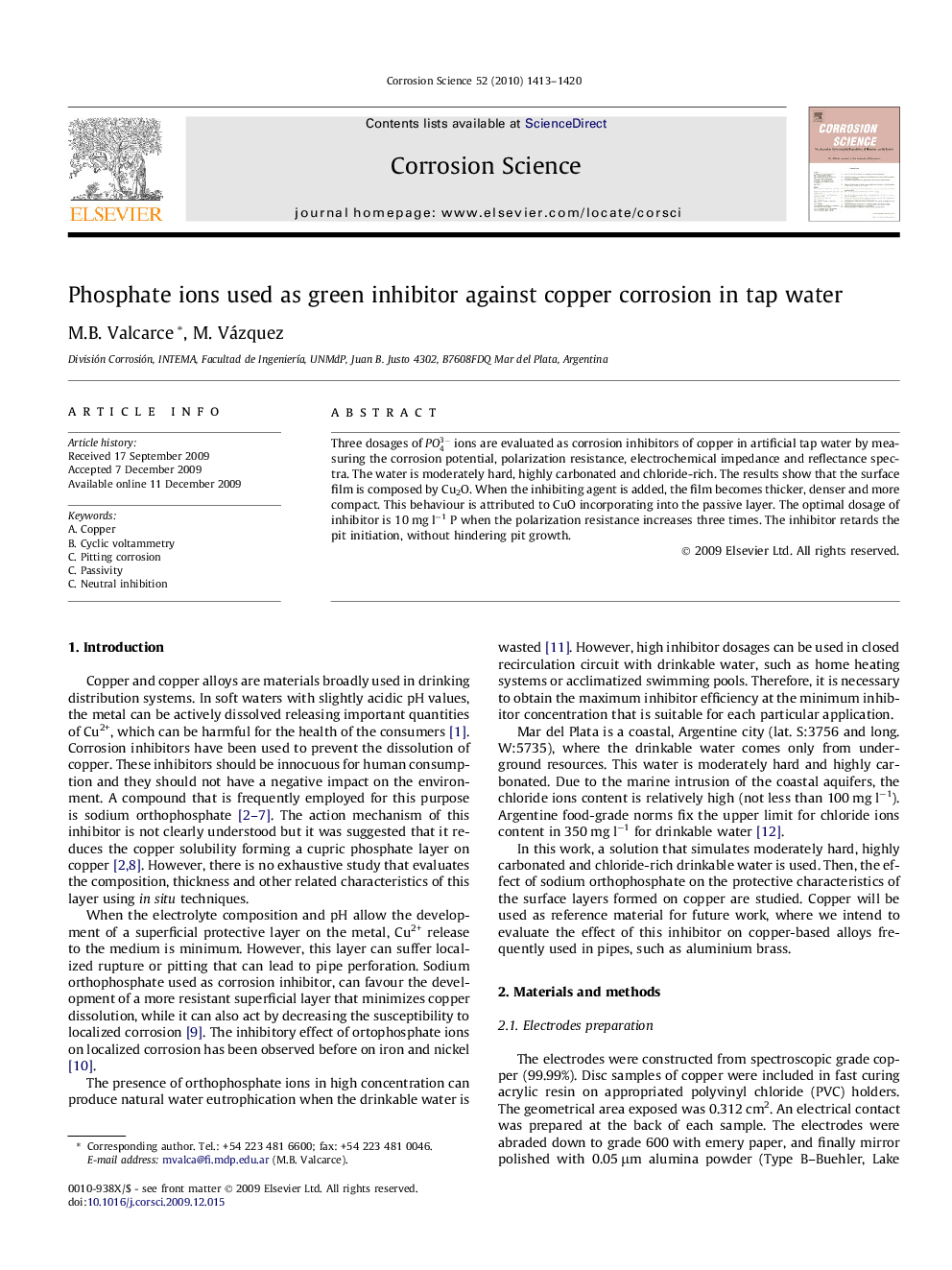 Phosphate ions used as green inhibitor against copper corrosion in tap water