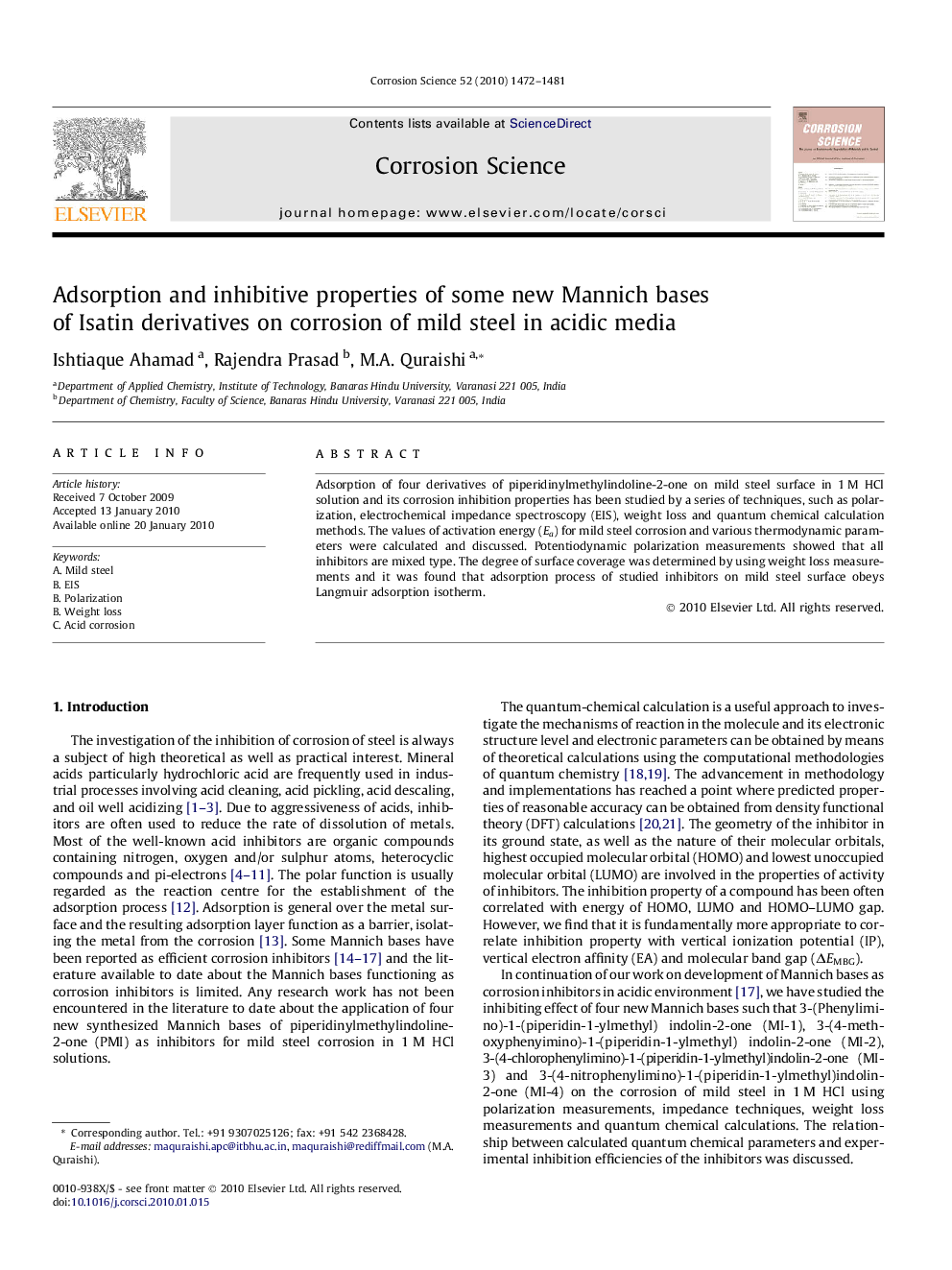 Adsorption and inhibitive properties of some new Mannich bases of Isatin derivatives on corrosion of mild steel in acidic media