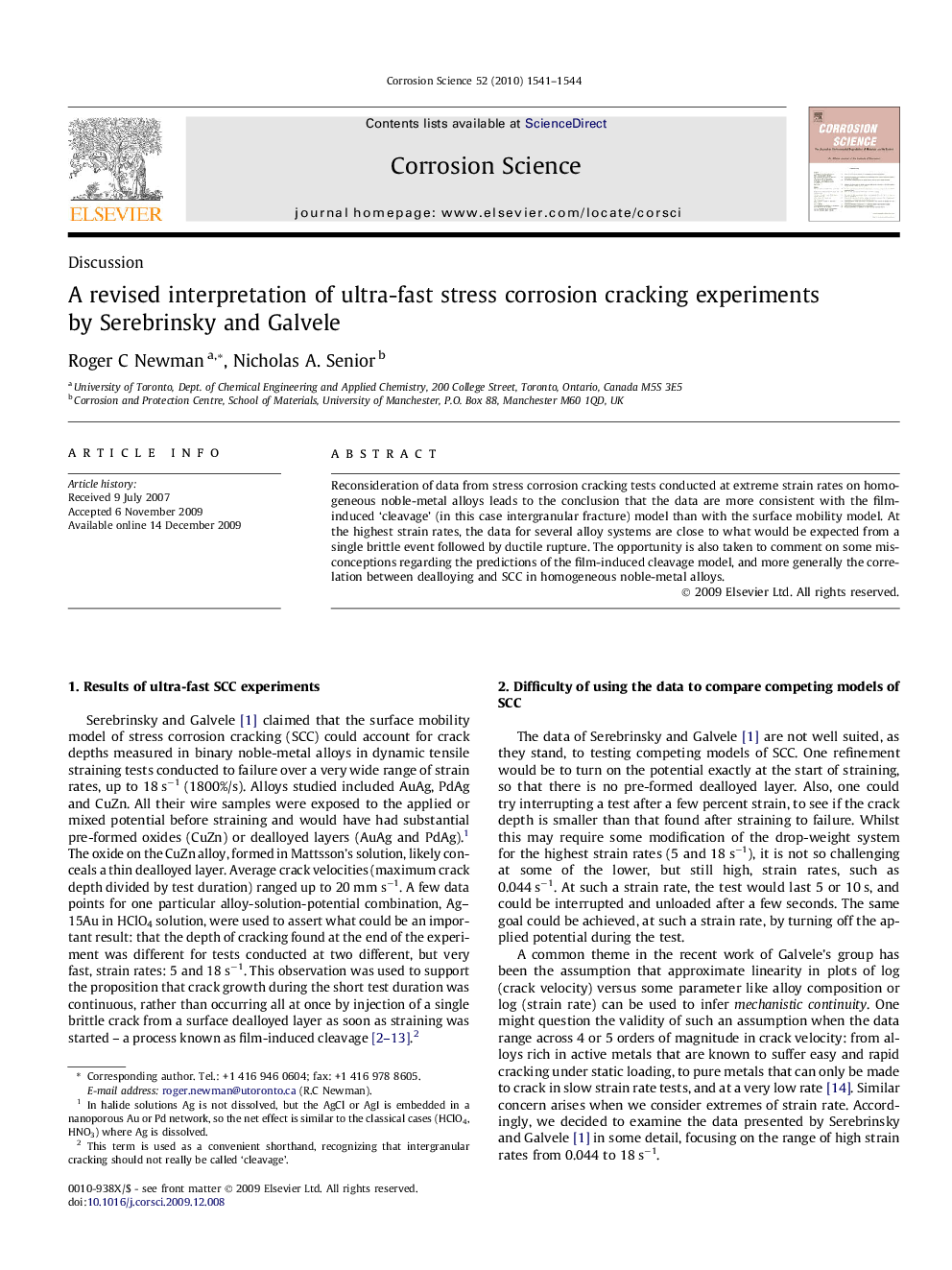 A revised interpretation of ultra-fast stress corrosion cracking experiments by Serebrinsky and Galvele