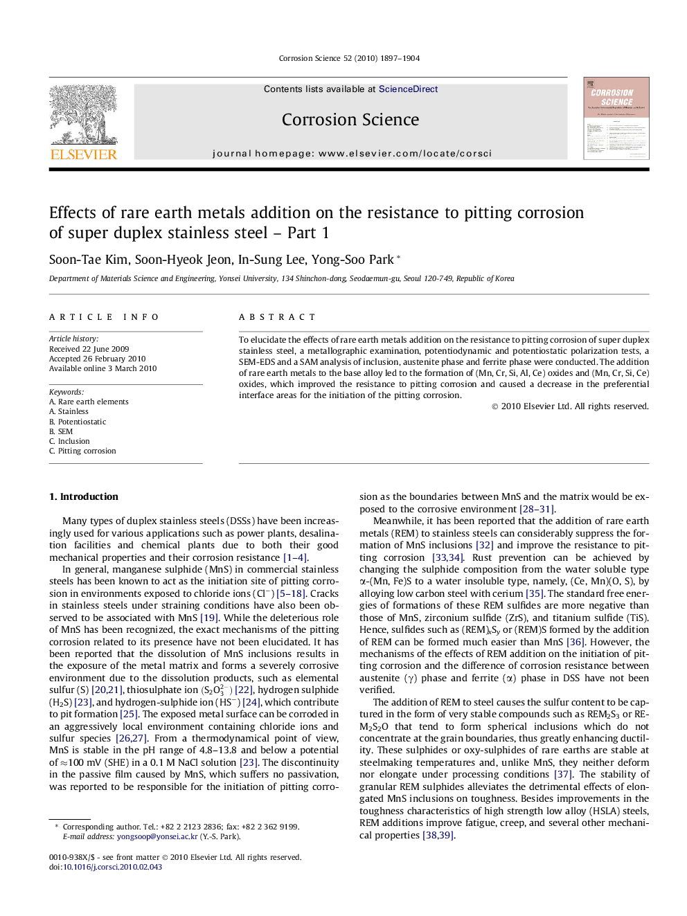 Effects of rare earth metals addition on the resistance to pitting corrosion of super duplex stainless steel – Part 1