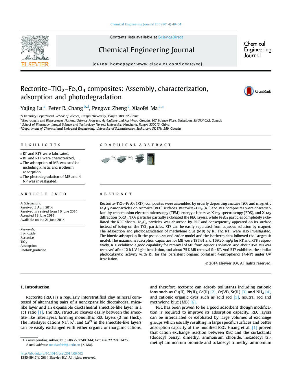 Rectorite–TiO2–Fe3O4 composites: Assembly, characterization, adsorption and photodegradation