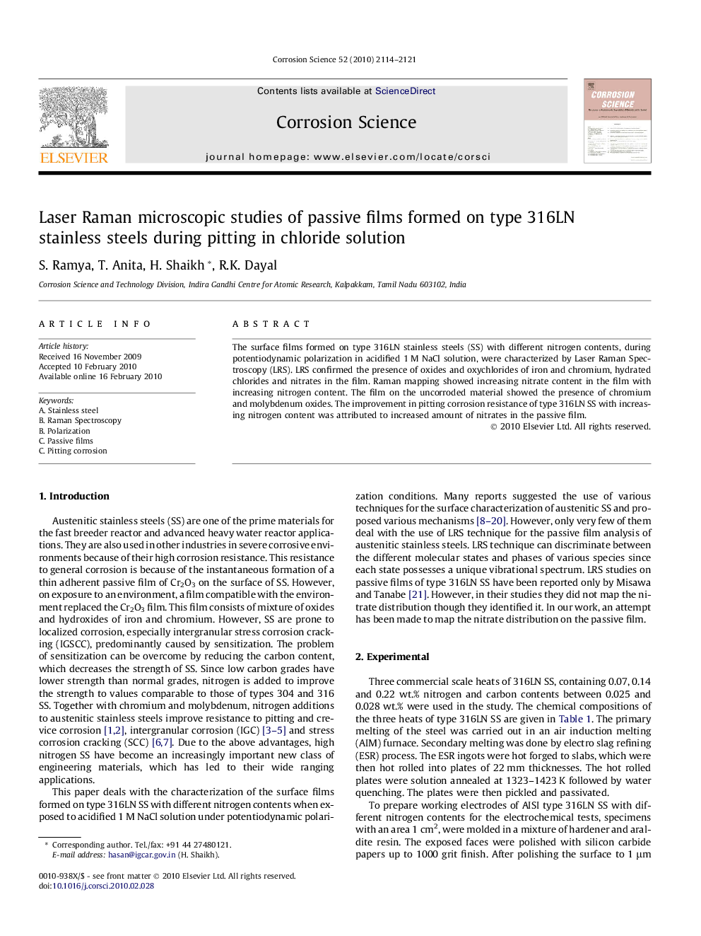 Laser Raman microscopic studies of passive films formed on type 316LN stainless steels during pitting in chloride solution