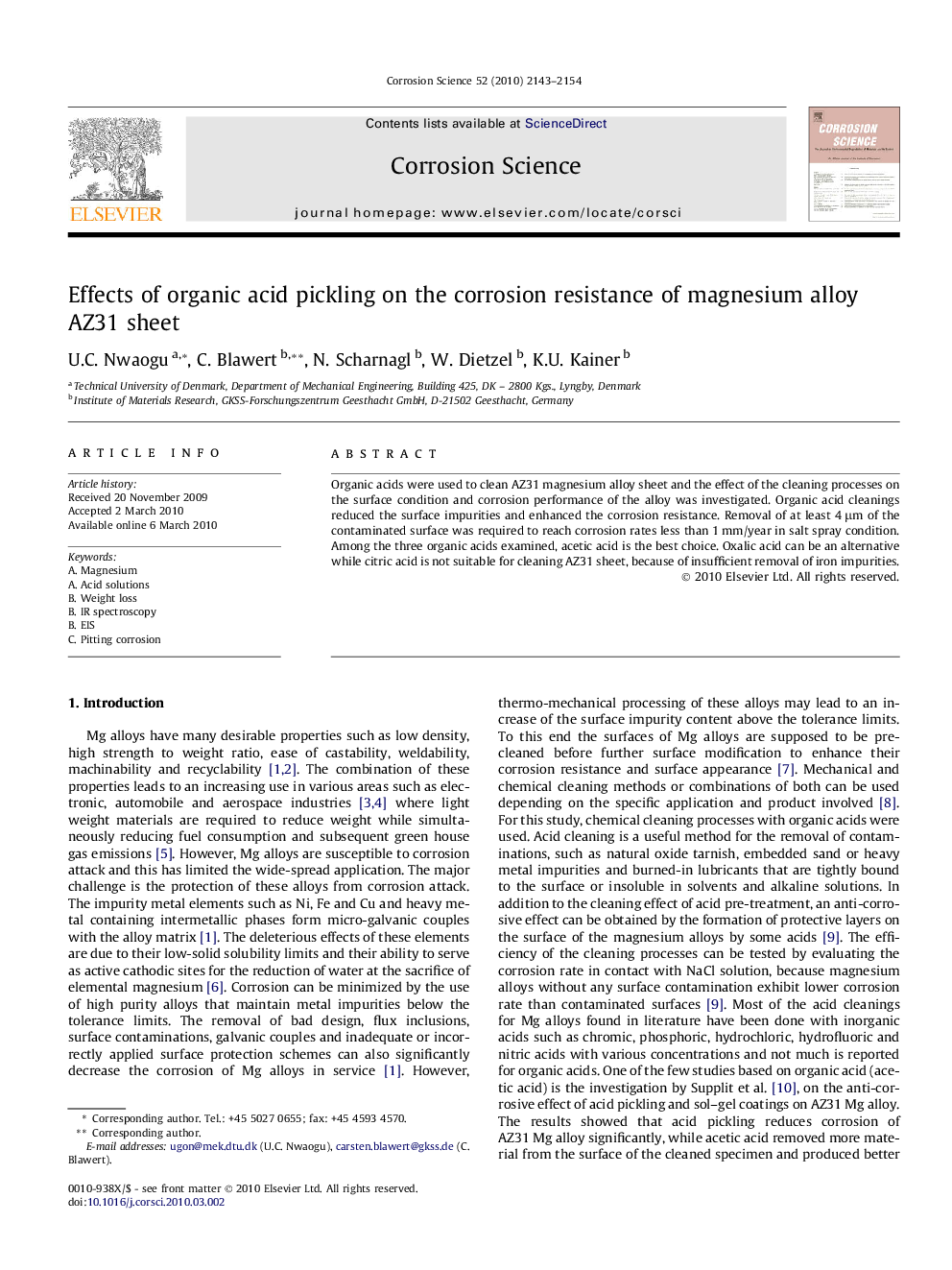 Effects of organic acid pickling on the corrosion resistance of magnesium alloy AZ31 sheet