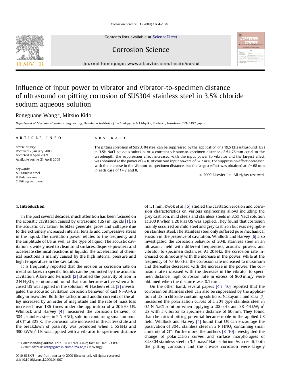 Influence of input power to vibrator and vibrator-to-specimen distance of ultrasound on pitting corrosion of SUS304 stainless steel in 3.5% chloride sodium aqueous solution