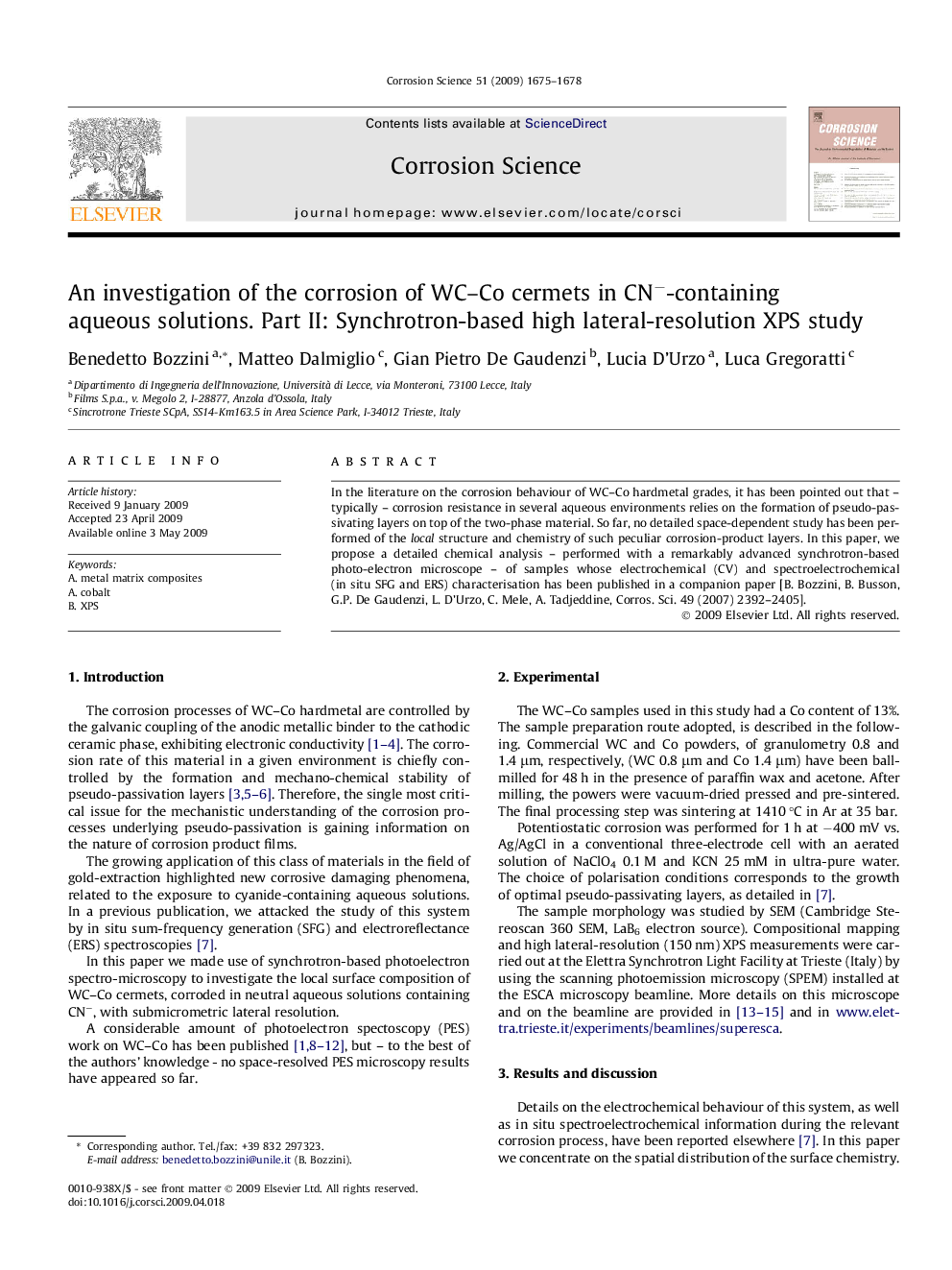 An investigation of the corrosion of WC–Co cermets in CN−-containing aqueous solutions. Part II: Synchrotron-based high lateral-resolution XPS study