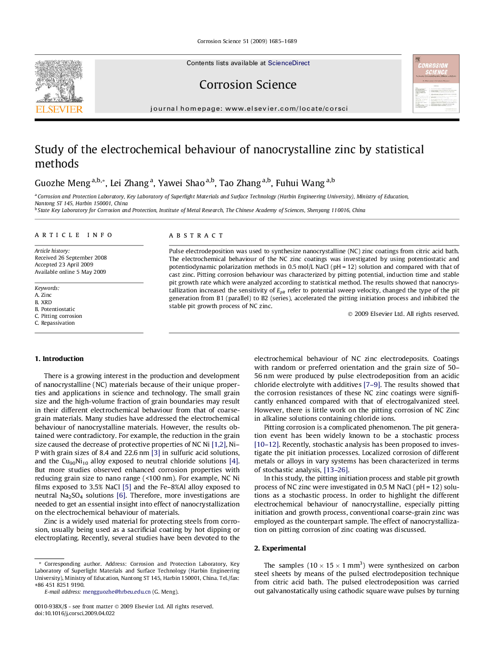 Study of the electrochemical behaviour of nanocrystalline zinc by statistical methods