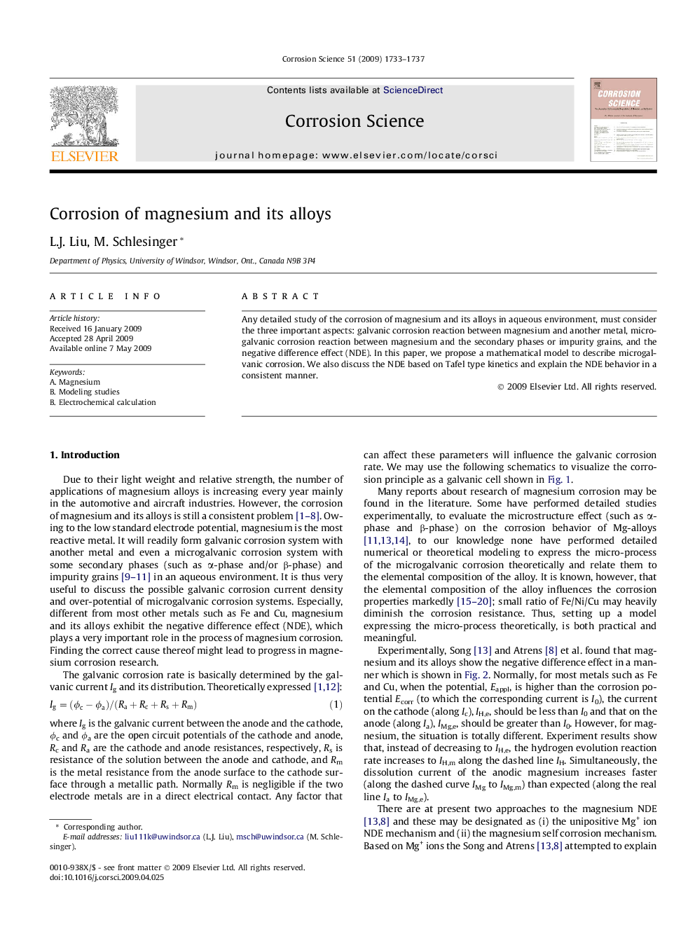 Corrosion of magnesium and its alloys