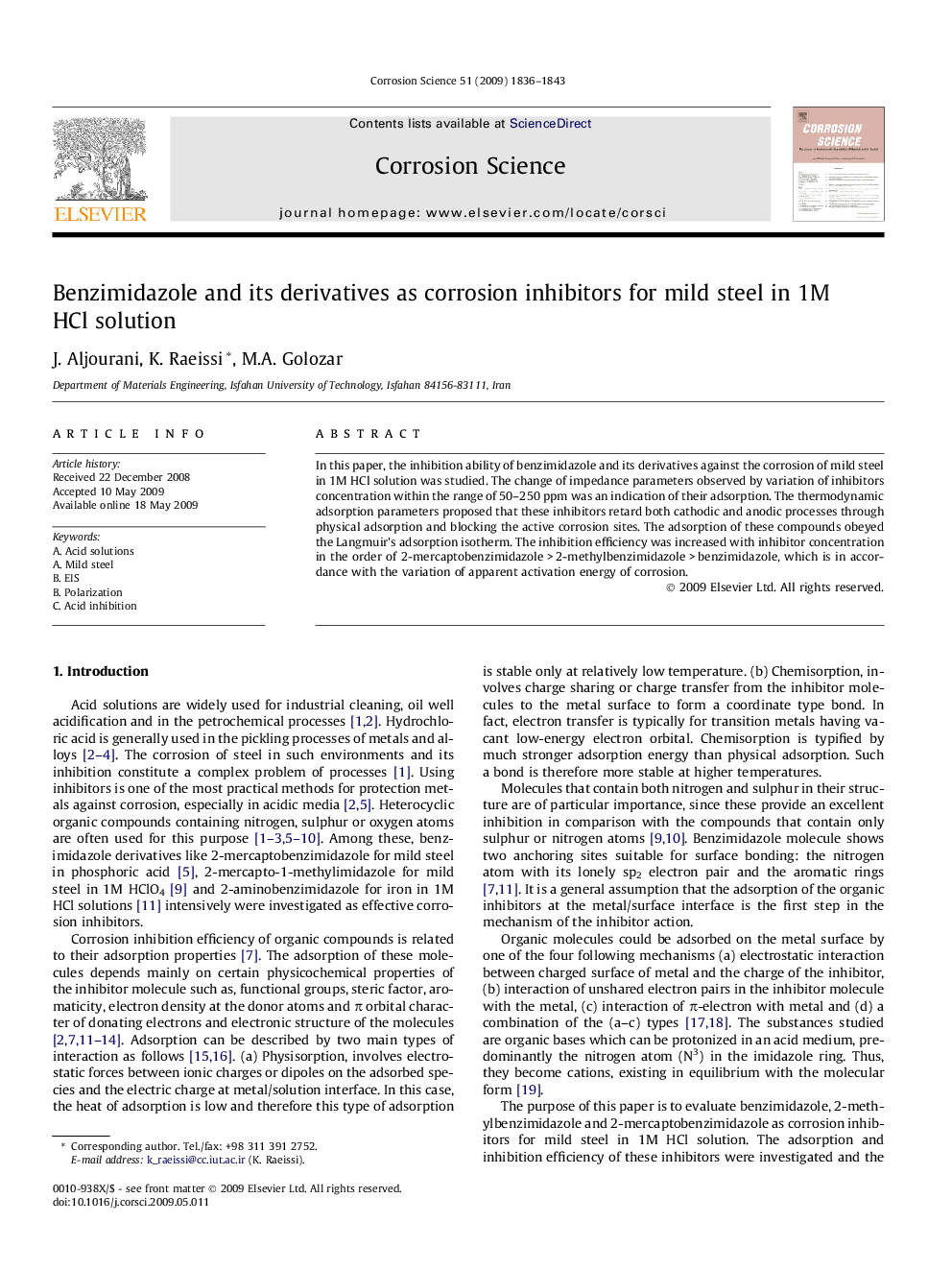 Benzimidazole and its derivatives as corrosion inhibitors for mild steel in 1M HCl solution