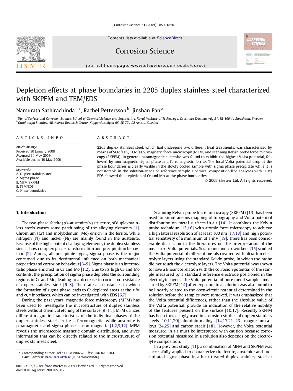 Depletion effects at phase boundaries in 2205 duplex stainless steel characterized with SKPFM and TEM/EDS