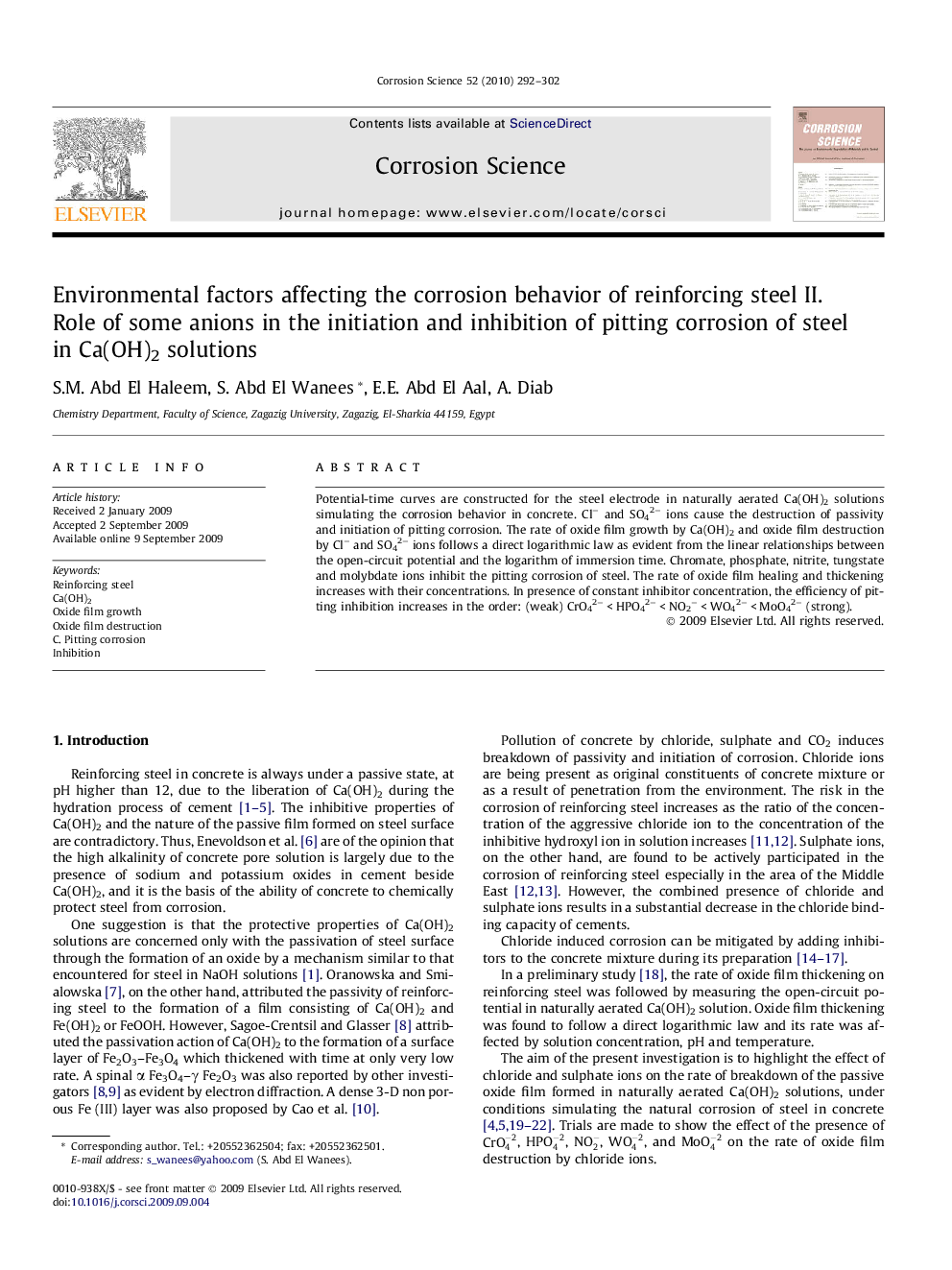 Environmental factors affecting the corrosion behavior of reinforcing steel II. Role of some anions in the initiation and inhibition of pitting corrosion of steel in Ca(OH)2 solutions