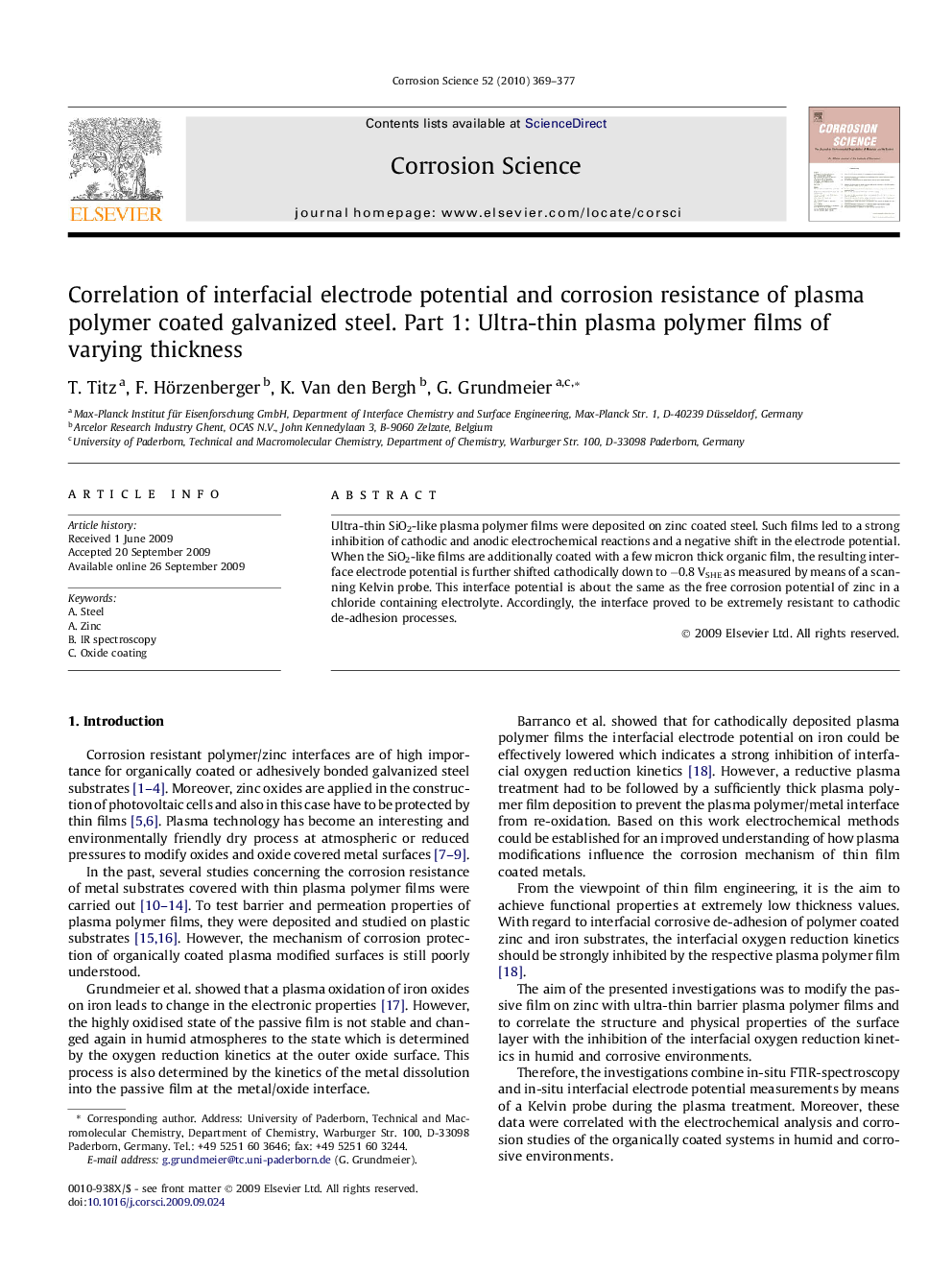 Correlation of interfacial electrode potential and corrosion resistance of plasma polymer coated galvanized steel. Part 1: Ultra-thin plasma polymer films of varying thickness