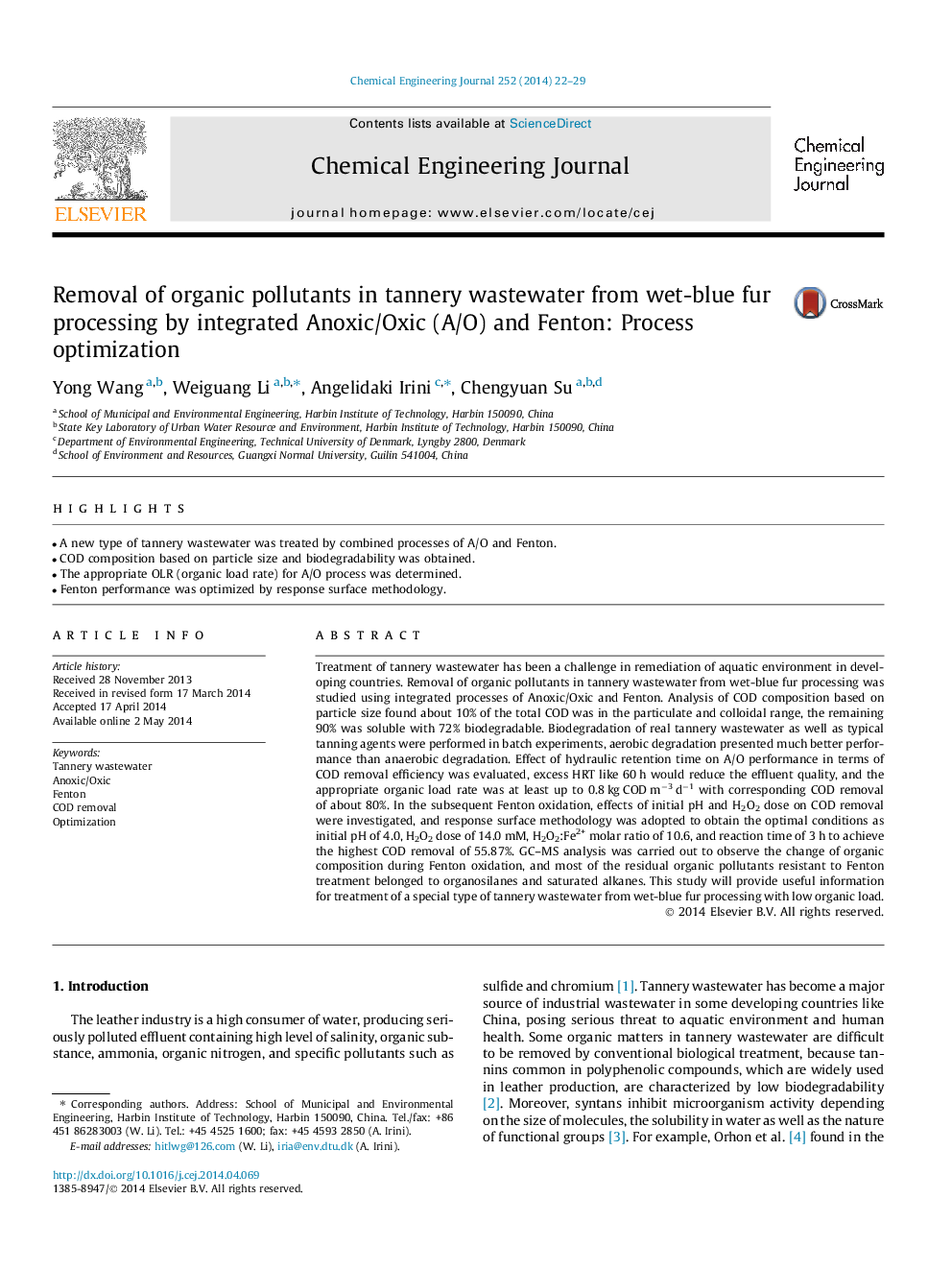 Removal of organic pollutants in tannery wastewater from wet-blue fur processing by integrated Anoxic/Oxic (A/O) and Fenton: Process optimization