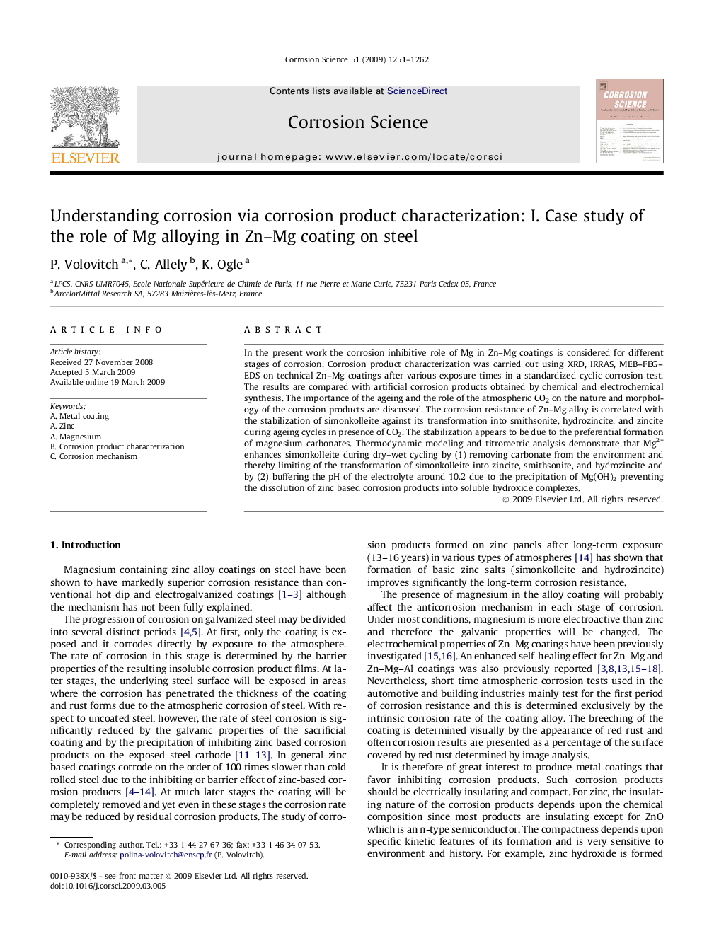 Understanding corrosion via corrosion product characterization: I. Case study of the role of Mg alloying in Zn–Mg coating on steel