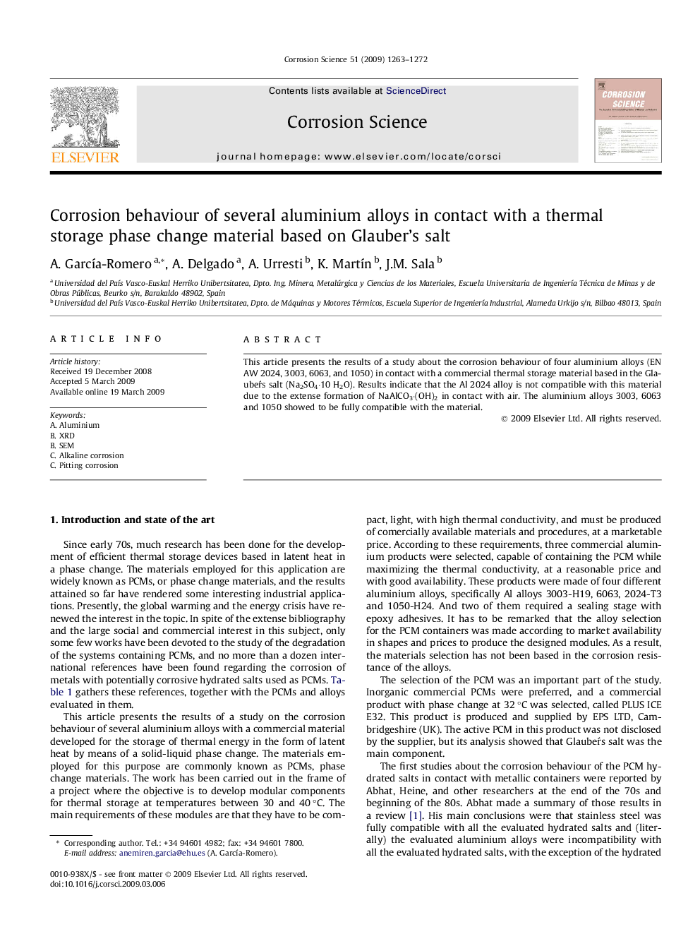 Corrosion behaviour of several aluminium alloys in contact with a thermal storage phase change material based on Glauber’s salt