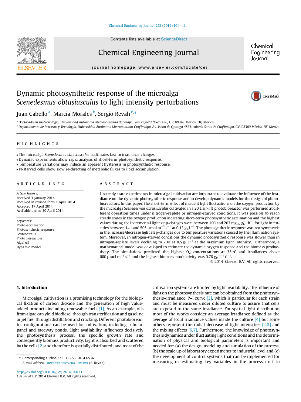 عکس صفحه اول مقاله: Dynamic photosynthetic response of the microalga Scenedesmus obtusiusculus to light intensity perturbations Dynamic photosynthetic response of the microalga Scenedesmus obtusiusculus to light intensity perturbations