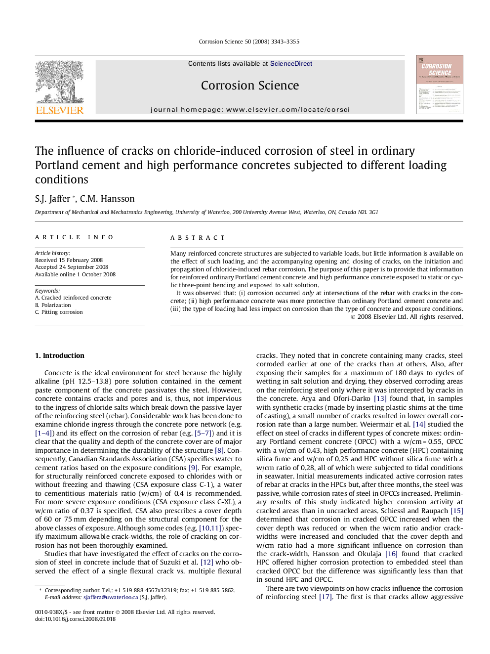 The influence of cracks on chloride-induced corrosion of steel in ordinary Portland cement and high performance concretes subjected to different loading conditions