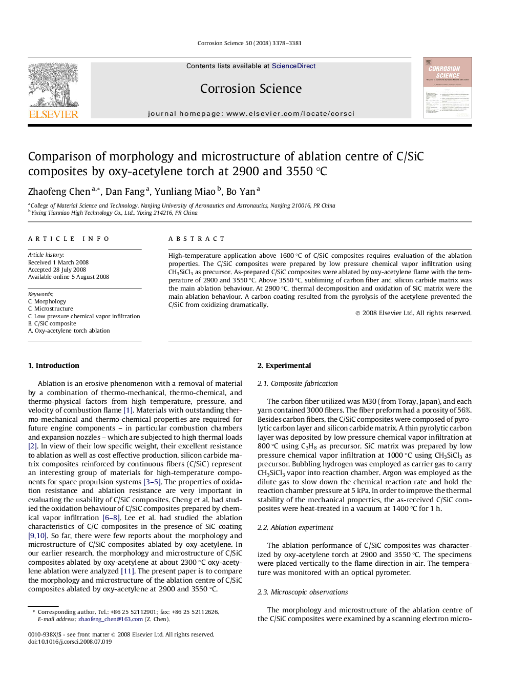 Comparison of morphology and microstructure of ablation centre of C/SiC composites by oxy-acetylene torch at 2900 and 3550 °C