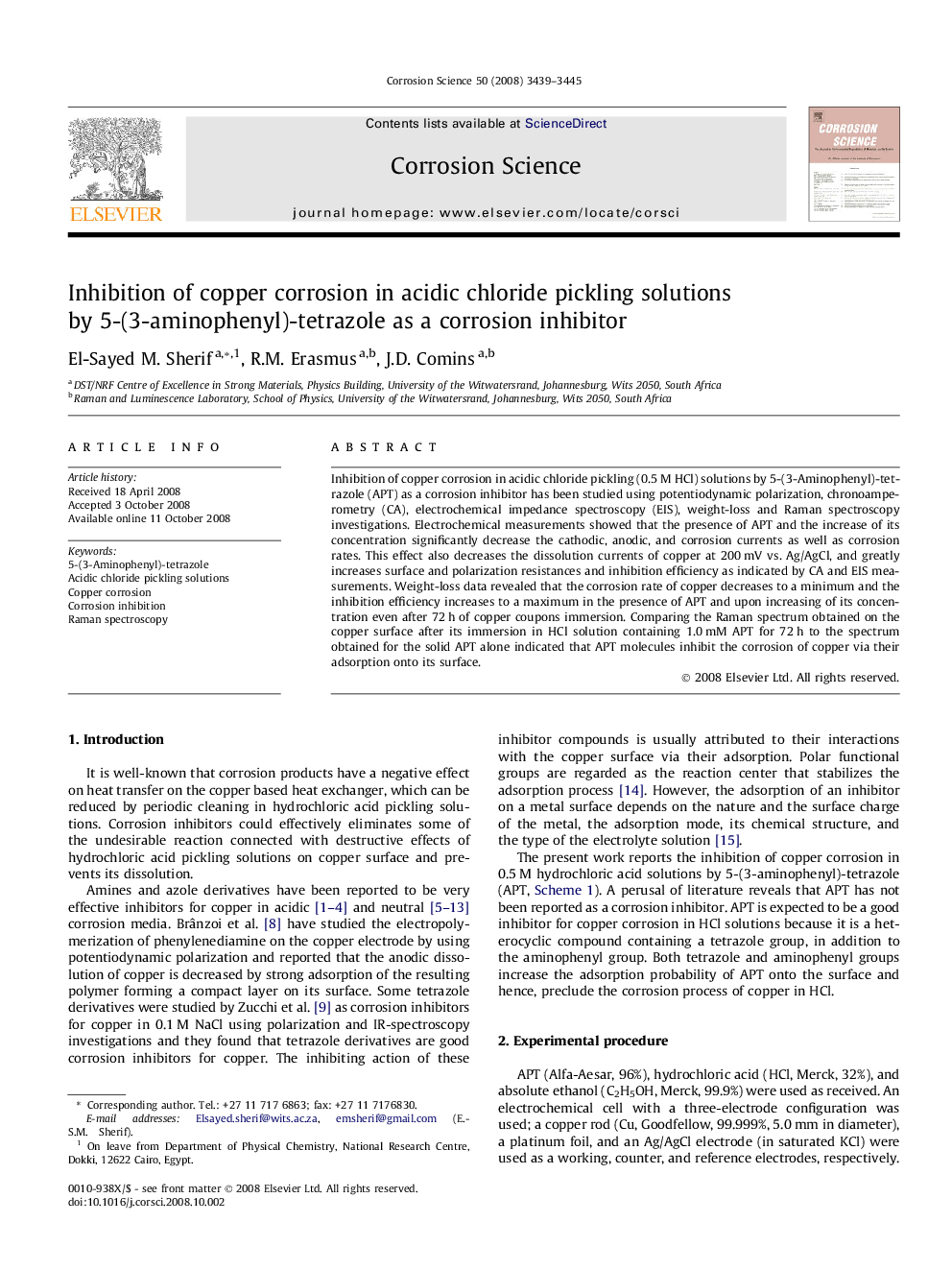 Inhibition of copper corrosion in acidic chloride pickling solutions by 5-(3-aminophenyl)-tetrazole as a corrosion inhibitor