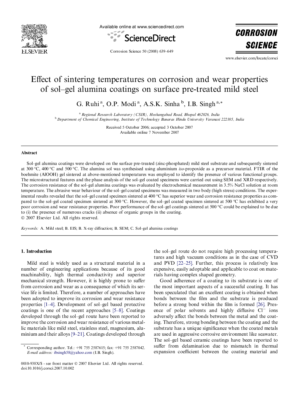 Effect of sintering temperatures on corrosion and wear properties of sol–gel alumina coatings on surface pre-treated mild steel