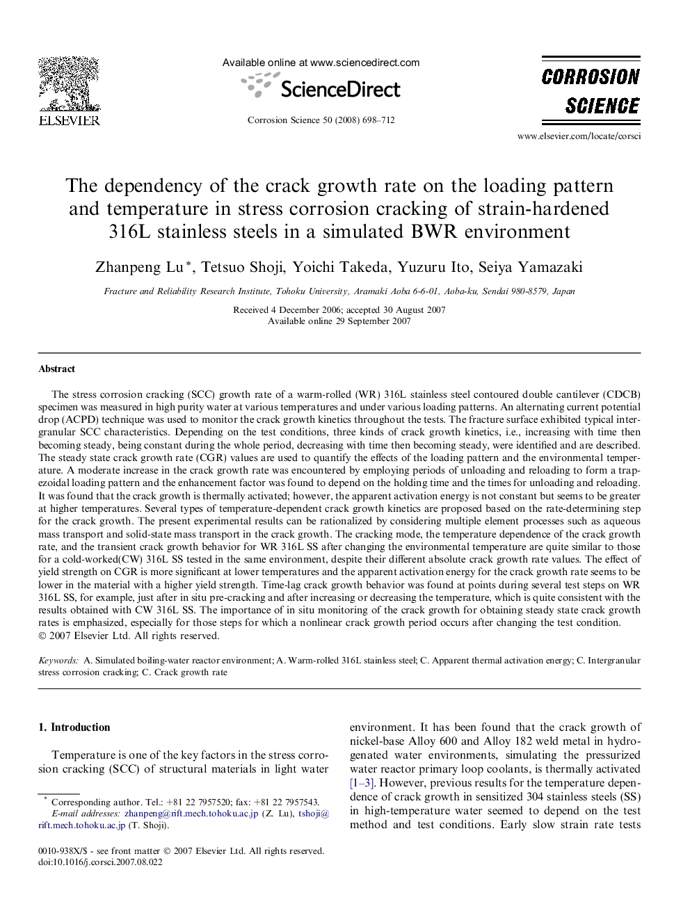 عکس صفحه اول مقاله: The dependency of the crack growth rate on the loading pattern and temperature in stress corrosion cracking of strain-hardened 316L stainless steels in a simulated BWR environment The dependency of the crack growth rate on the loading pattern and temperature in stress corrosion cracking of strain-hardened 316L stainless steels in a simulated BWR environment