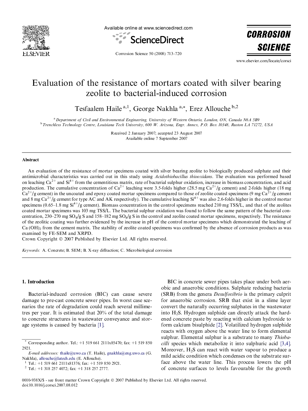 Evaluation of the resistance of mortars coated with silver bearing zeolite to bacterial-induced corrosion