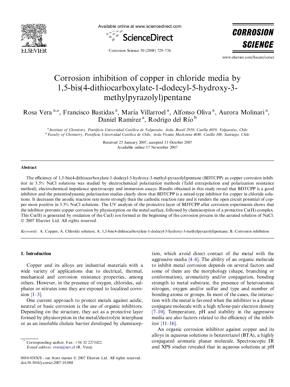 عکس صفحه اول مقاله: Corrosion inhibition of copper in chloride media by 1,5-bis(4-dithiocarboxylate-1-dodecyl-5-hydroxy-3-methylpyrazolyl)pentane Corrosion inhibition of copper in chloride media by 1,5-bis(4-dithiocarboxylate-1-dodecyl-5-hydroxy-3-methylpyrazolyl)pentane