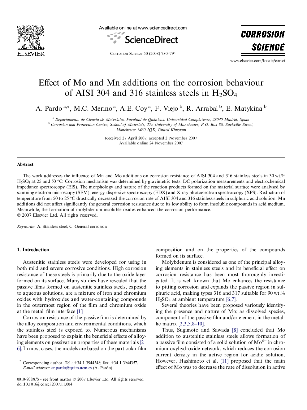 Effect of Mo and Mn additions on the corrosion behaviour of AISI 304 and 316 stainless steels in H2SO4