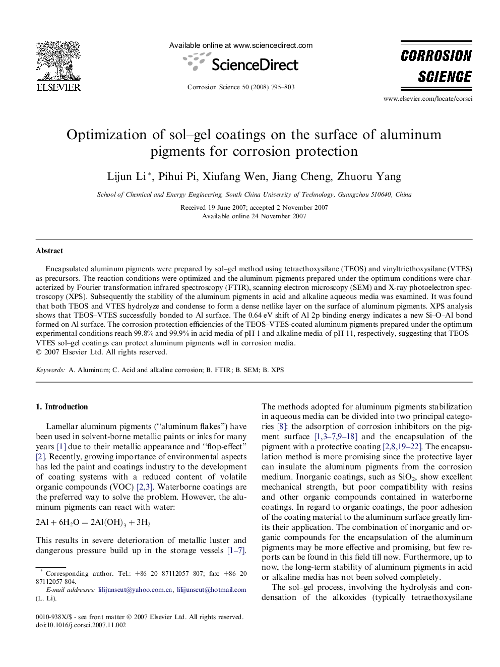 عکس صفحه اول مقاله: Optimization of sol–gel coatings on the surface of aluminum pigments for corrosion protection Optimization of sol–gel coatings on the surface of aluminum pigments for corrosion protection