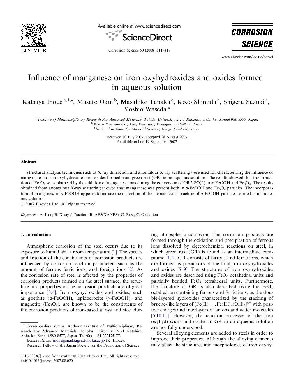 Influence of manganese on iron oxyhydroxides and oxides formed in aqueous solution