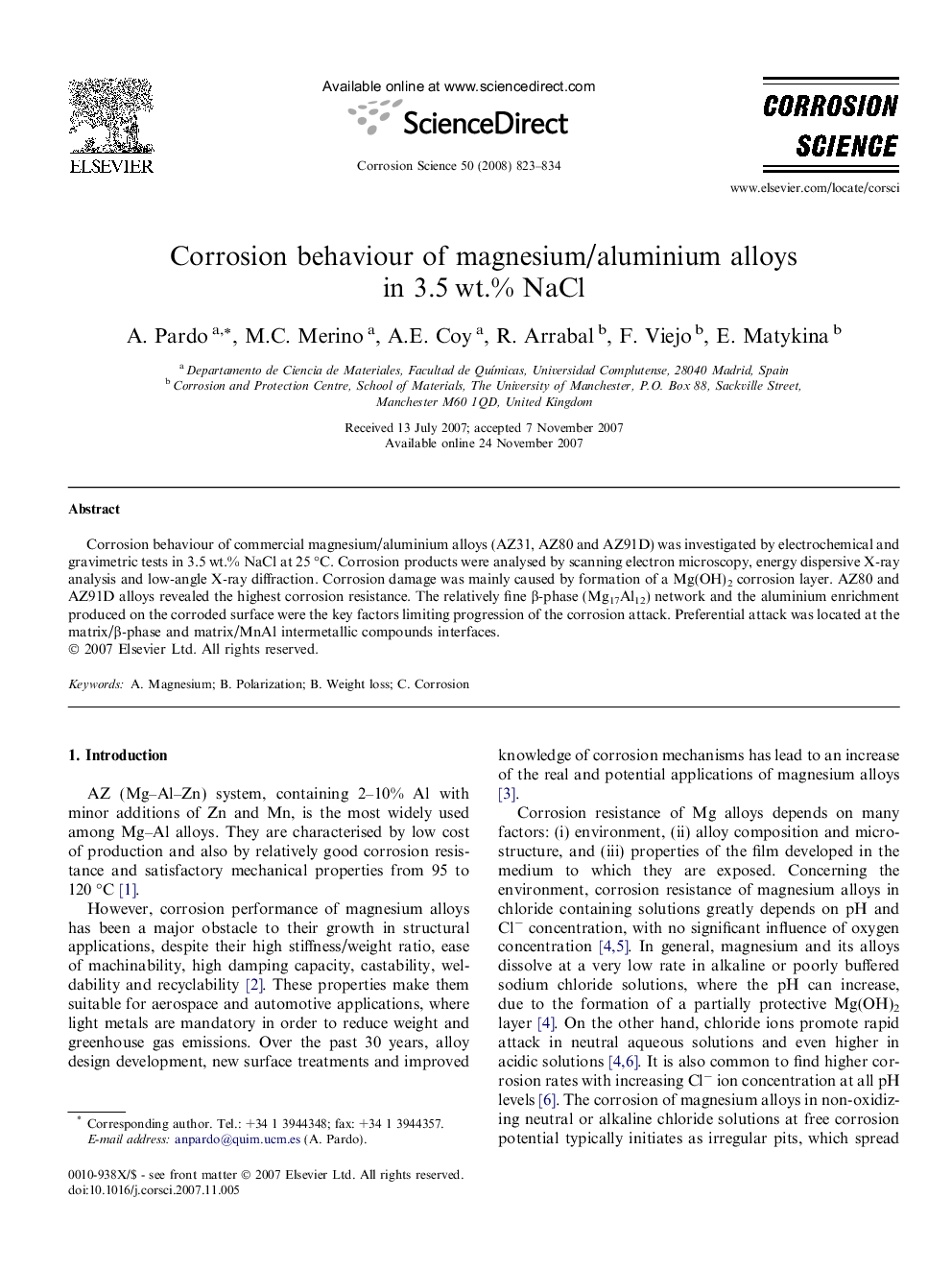 Corrosion behaviour of magnesium/aluminium alloys in 3.5 wt.% NaCl