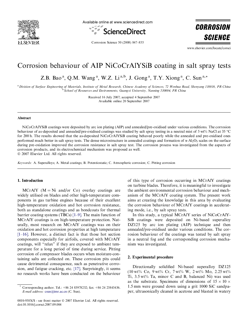 Corrosion behaviour of AIP NiCoCrAlYSiB coating in salt spray tests