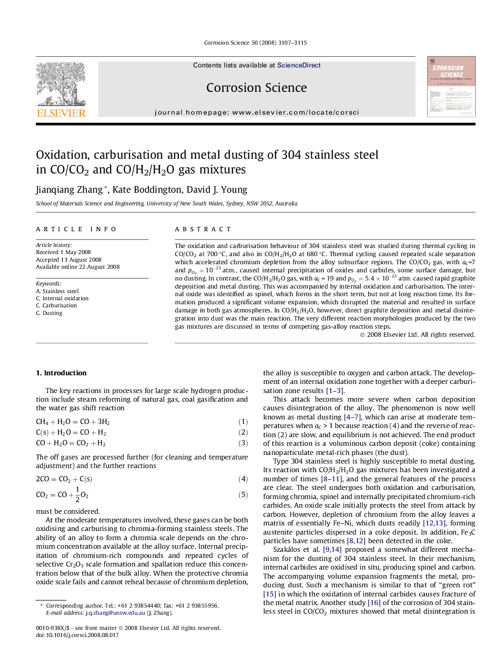 Oxidation, carburisation and metal dusting of 304 stainless steel in CO/CO2 and CO/H2/H2O gas mixtures