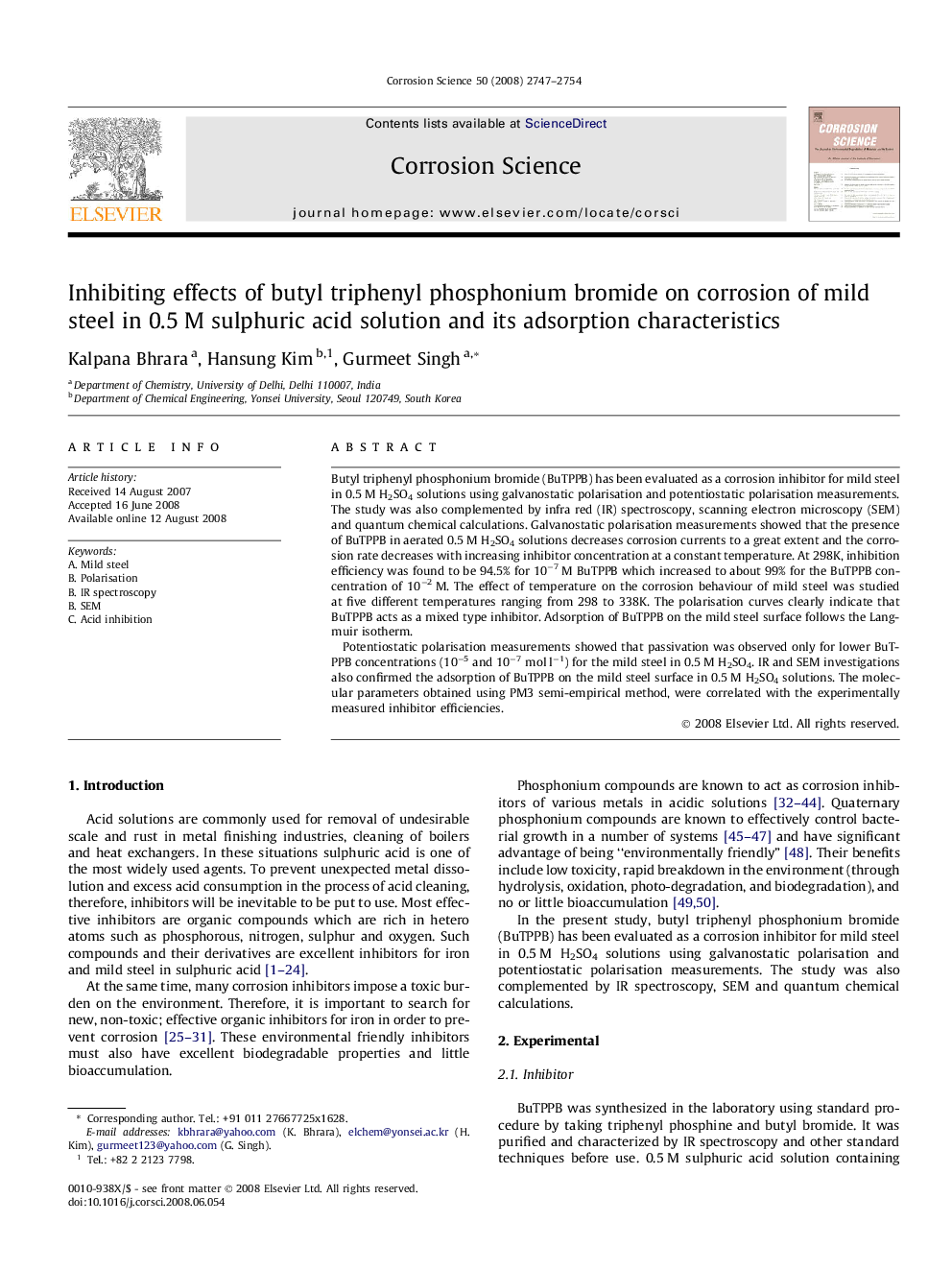 Inhibiting effects of butyl triphenyl phosphonium bromide on corrosion of mild steel in 0.5Â M sulphuric acid solution and its adsorption characteristics