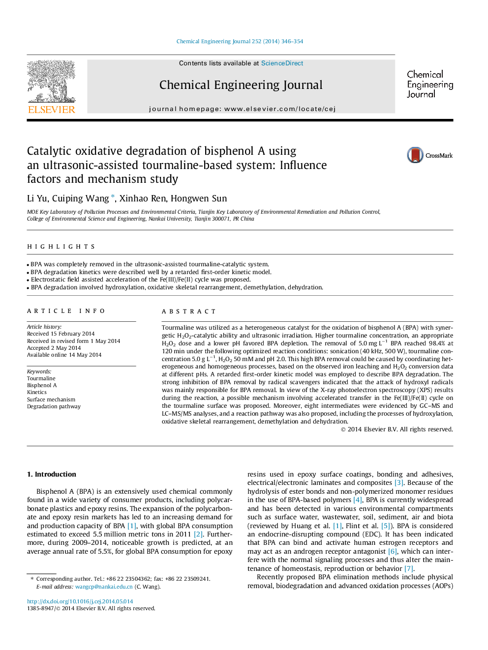 Catalytic oxidative degradation of bisphenol A using an ultrasonic-assisted tourmaline-based system: Influence factors and mechanism study