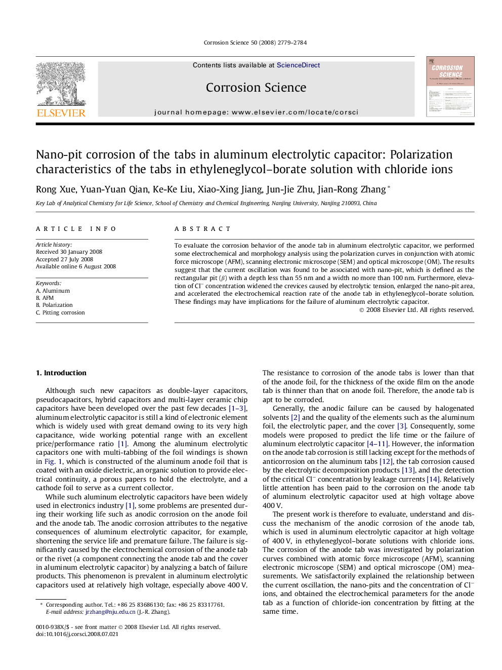 Nano-pit corrosion of the tabs in aluminum electrolytic capacitor: Polarization characteristics of the tabs in ethyleneglycol–borate solution with chloride ions