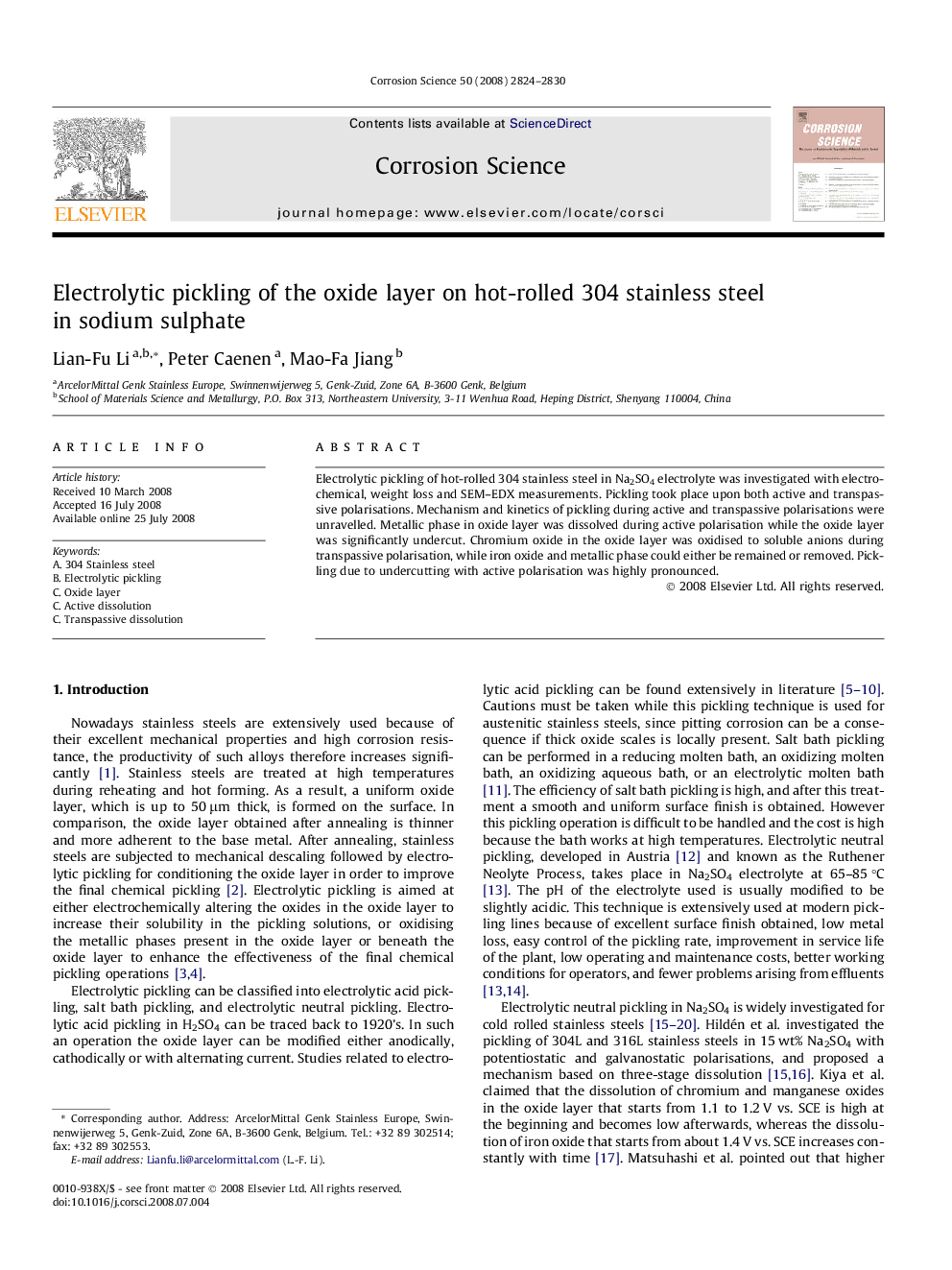 Electrolytic pickling of the oxide layer on hot-rolled 304 stainless steel in sodium sulphate