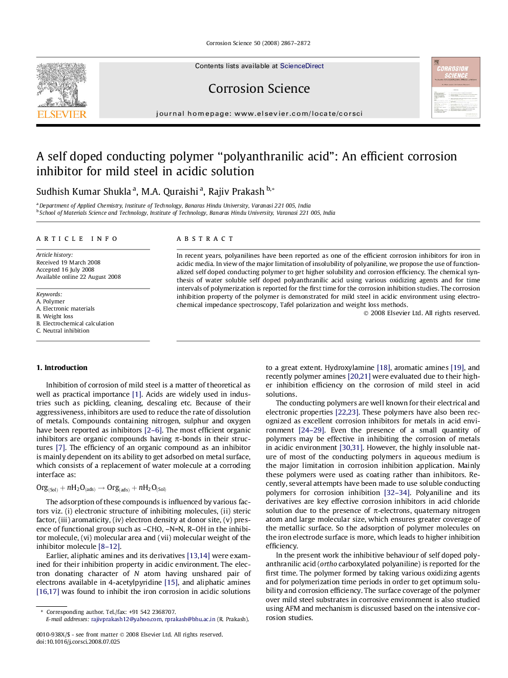 A self-doped conducting polymer “polyanthranilic acid”: An efficient corrosion inhibitor for mild steel in acidic solution