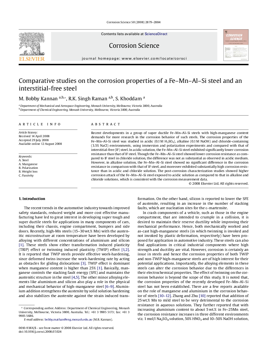 Comparative studies on the corrosion properties of a Fe–Mn–Al–Si steel and an interstitial-free steel