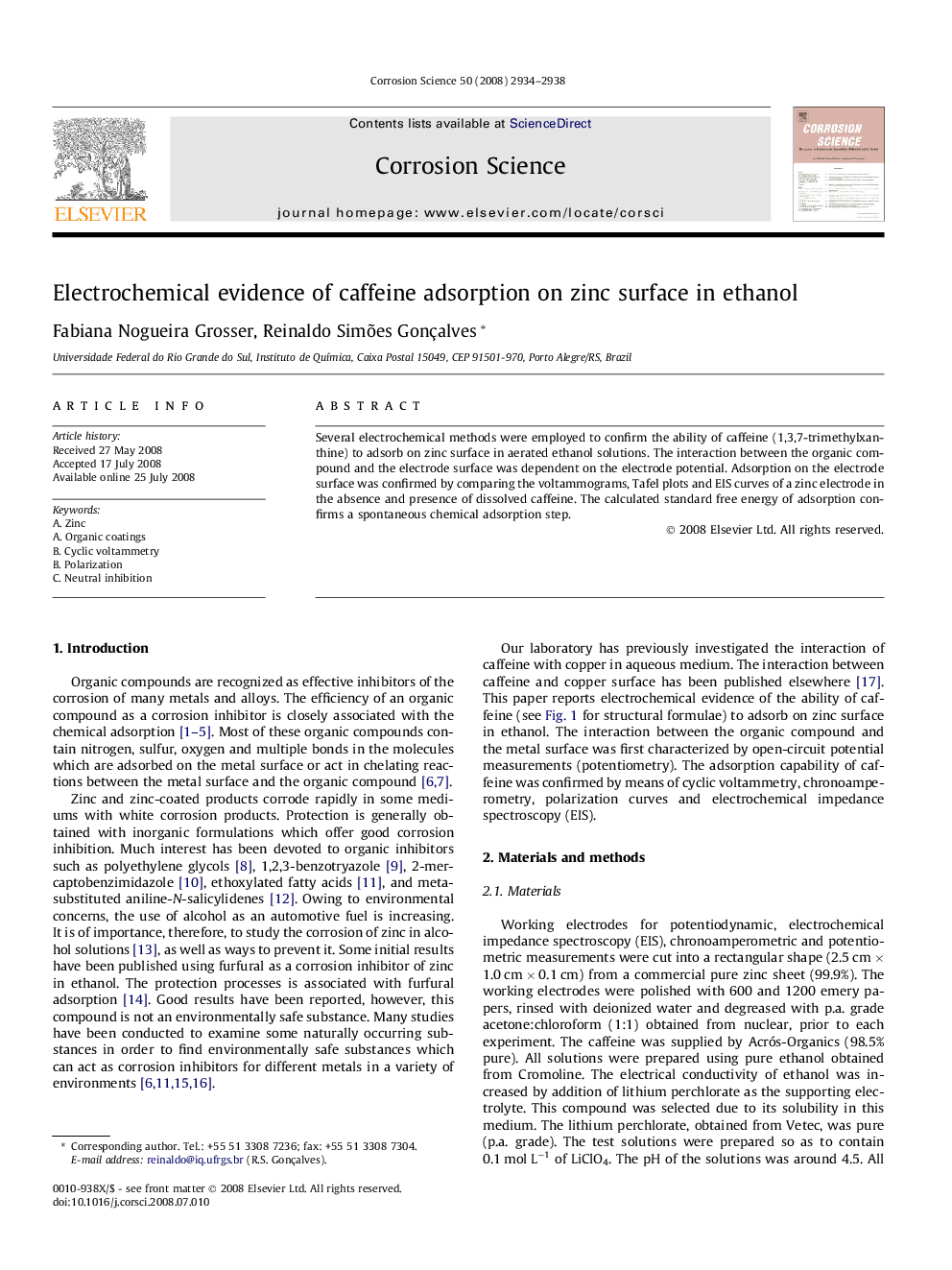 Electrochemical evidence of caffeine adsorption on zinc surface in ethanol