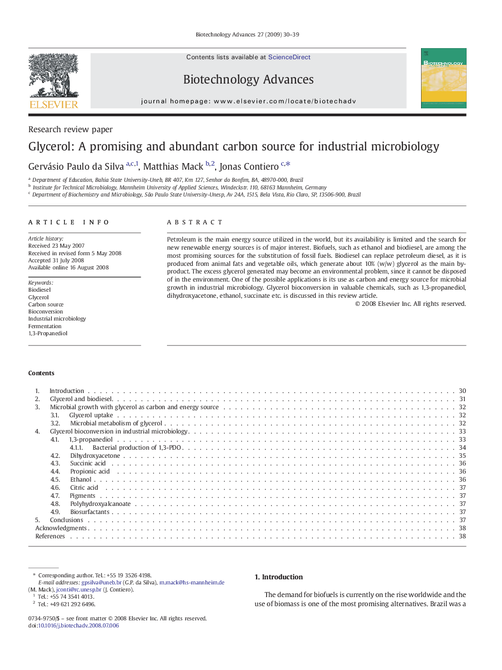 Glycerol: A promising and abundant carbon source for industrial microbiology