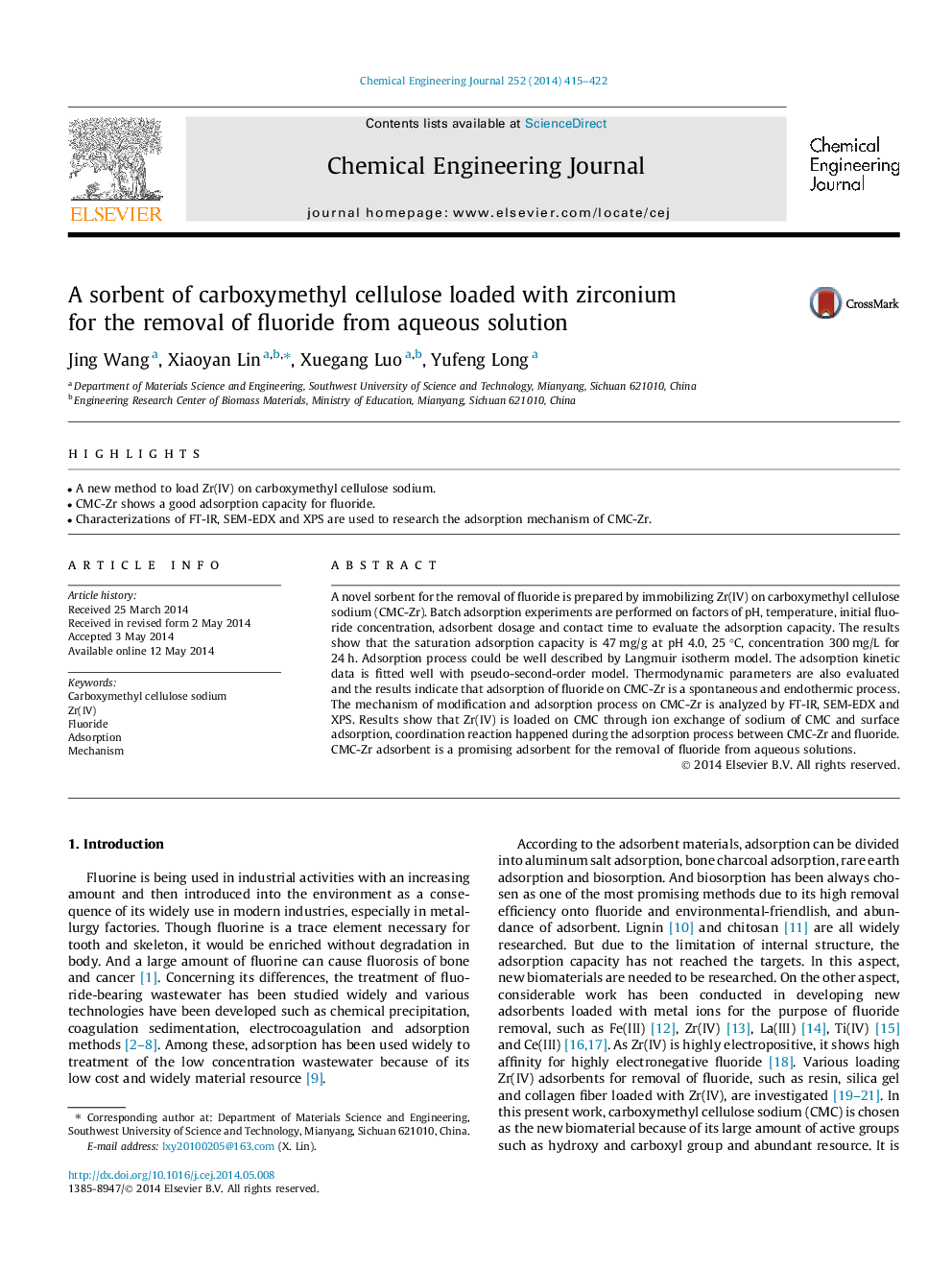 A sorbent of carboxymethyl cellulose loaded with zirconium for the removal of fluoride from aqueous solution