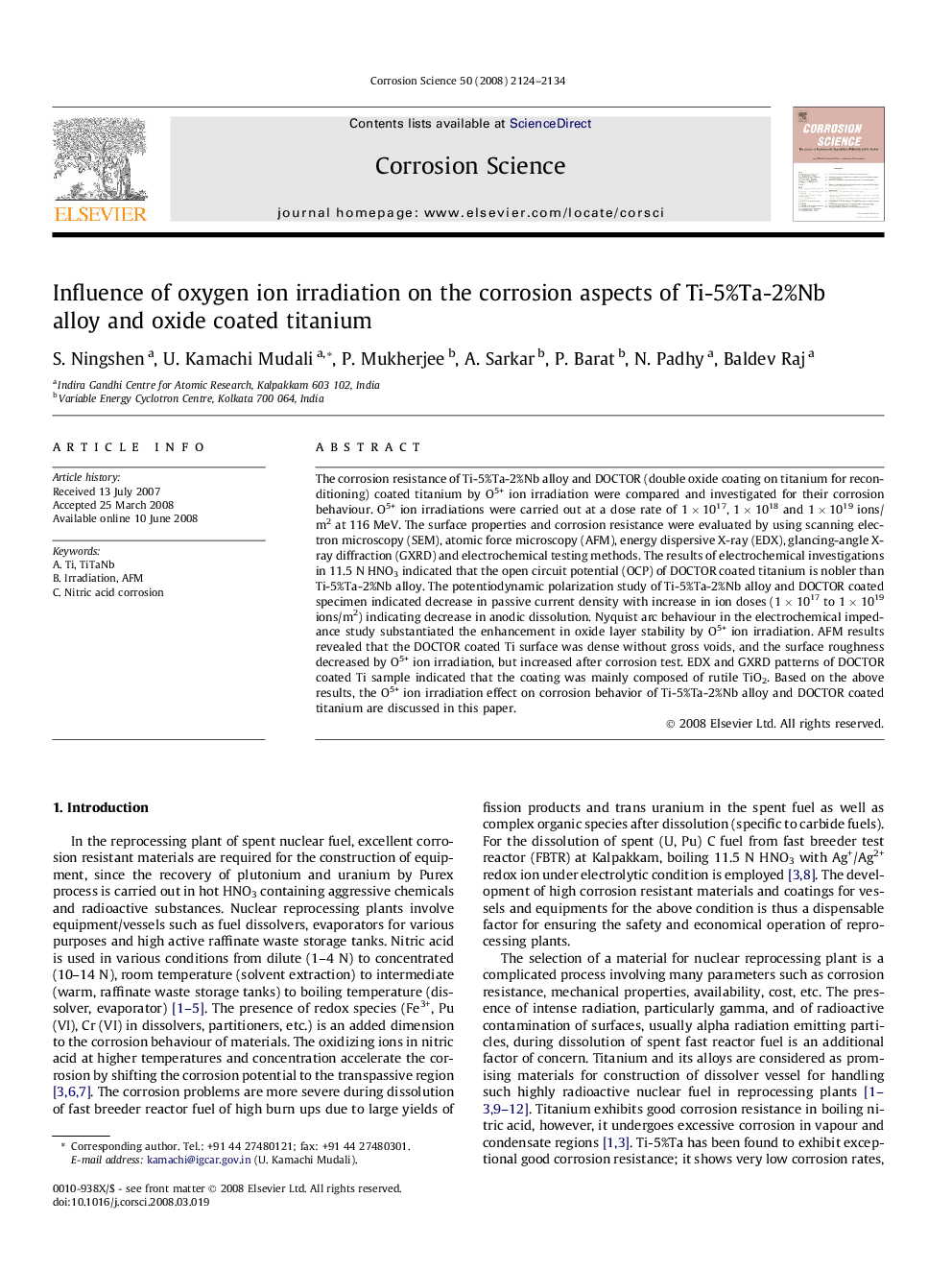 Influence of oxygen ion irradiation on the corrosion aspects of Ti-5%Ta-2%Nb alloy and oxide coated titanium