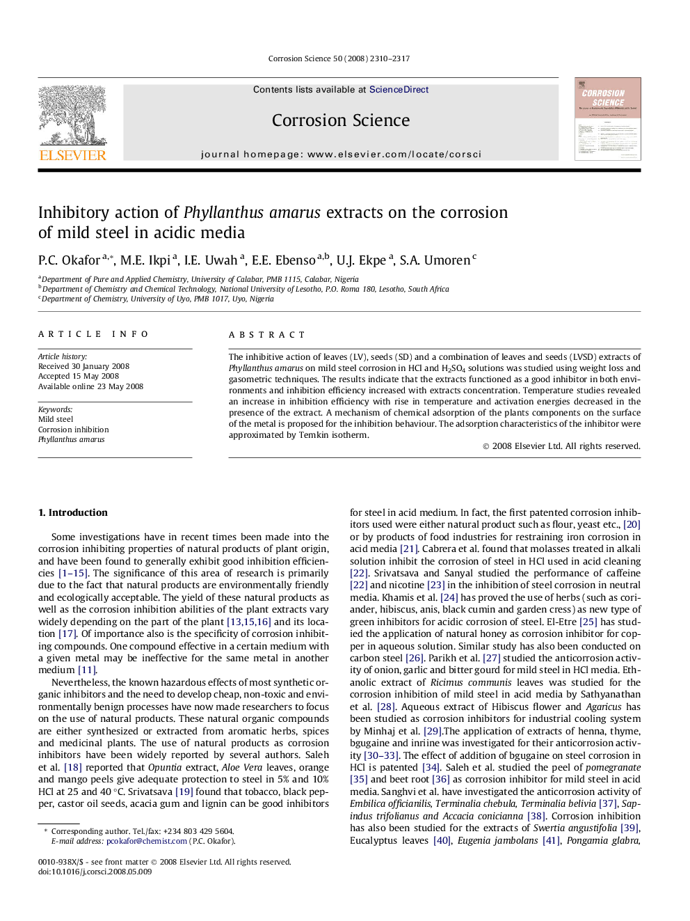 Inhibitory action of Phyllanthus amarus extracts on the corrosion of mild steel in acidic media