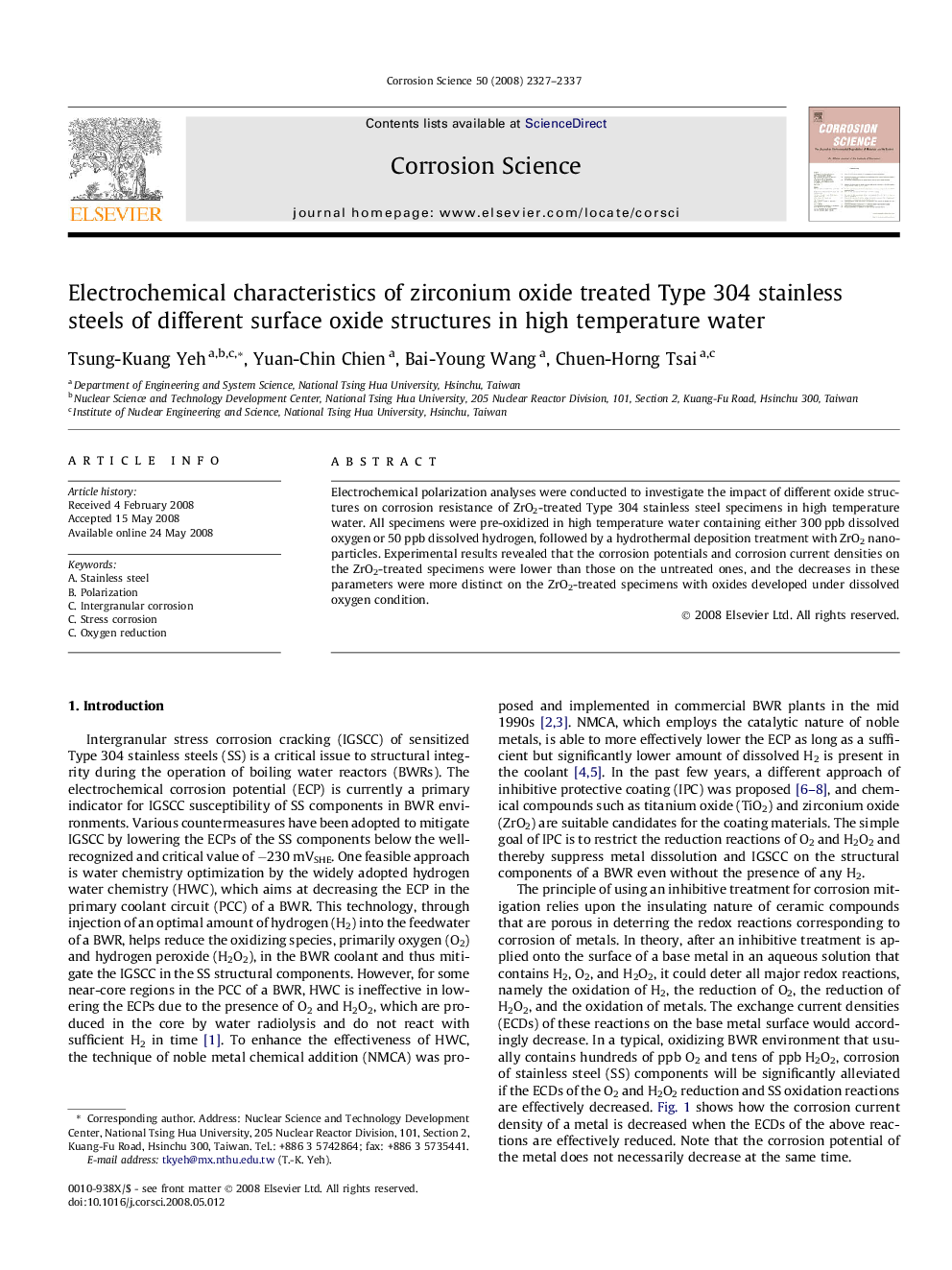 Electrochemical characteristics of zirconium oxide treated Type 304 stainless steels of different surface oxide structures in high temperature water